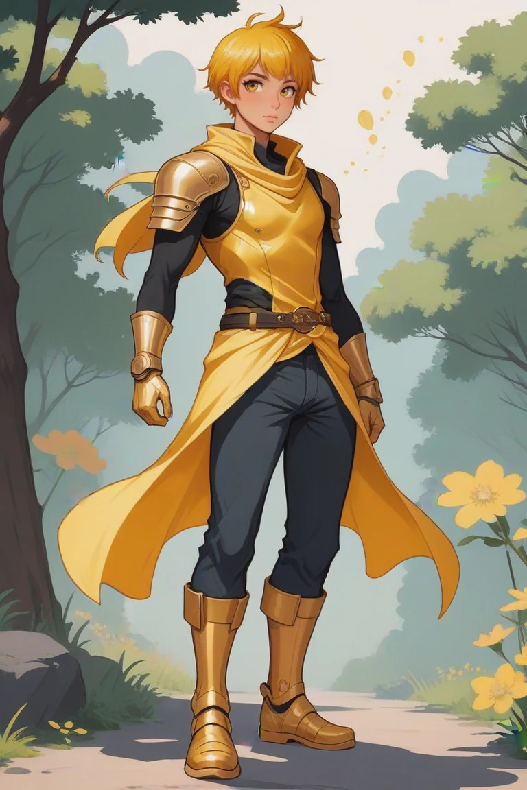 anime style, full body, character concept art, (full body:1.2), 1boy, man, masculine, solo, [:outlandish costume design,:0.2] adventurer, (modern gold bracers,helmet,greaves:1.2), (asian:1.3), shiny darkgoldenrod hair, (average:1.3) build, noon, scenery, in a Pixie Dust Trails<lora:EnvyStarlightBeauty08:1>