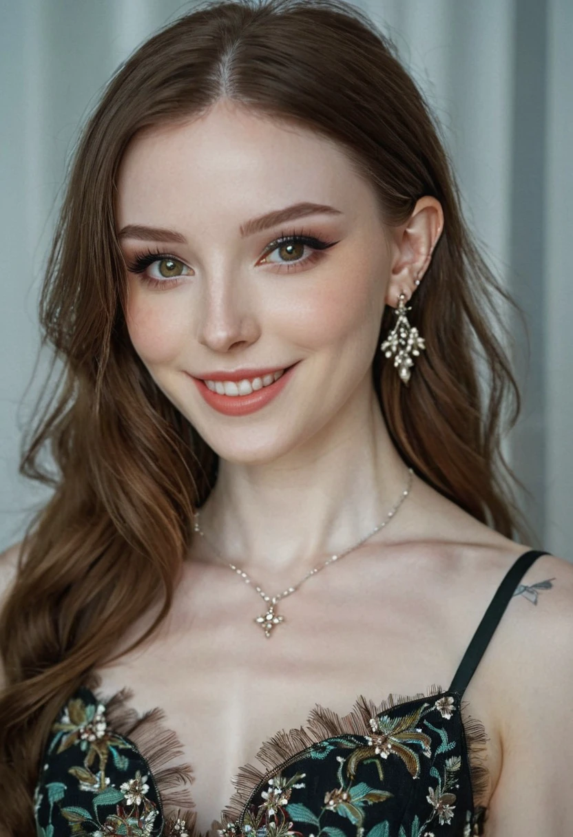 	Dainty, wearing dress, smile, eyeliner, eye makeup, pale skin, 8k, very detailed