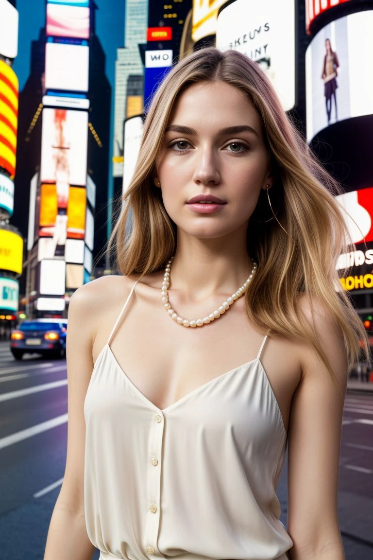 European woman, closeup, (shirt), pants, (golden gate bridge), pearl necklace , ZM_christina , wide shoulders, perfect face, (contact iris: 1.1), pale skin, skin pores , depth of field