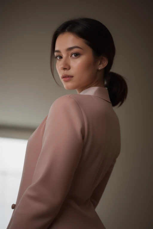 captured from a low angle with a wide-angle lens, a Tall body girl at the spectacle with Brick Red color Ponytail haircut, forehead. wearing Silver Sand Blazer. ,  pose, depth of field,
8K UHD, RAW candid cinema, remarkable color, cinematic shot, film grain, realistic, ultra realistic, hyper realistic, best quality, high resolution, 4k, 8k, high detail, ultra detail, hyper detailed, shiny skin, skin dentation, detailed skin texture, (blush:0.35), (goosebumps:0.35), subsurface scattering, very fine skin fur, visible skin detail, remarkable detailed pupils, realistic dull skin noise., Photorealistic, Hyperrealistic, Hyperdetailed, analog style, soft lighting, subsurface scattering, realistic, heavy shadow, masterpiece, best quality, ultra realistic, 8k, Intricate, High Detail, film photography, soft focus, everything in sharp focus