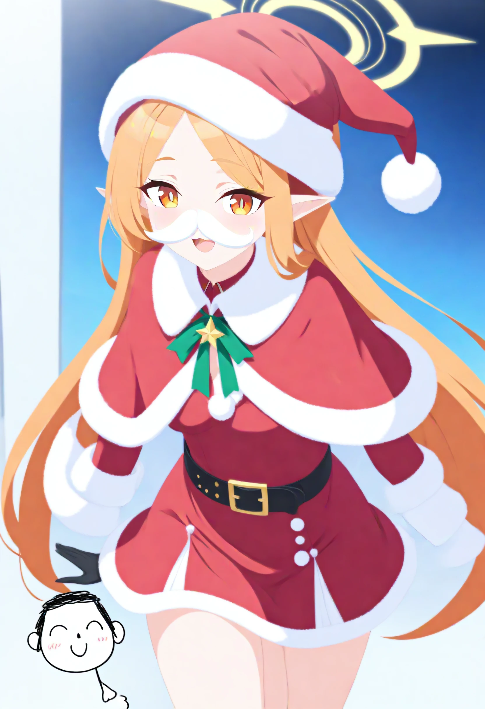 1girl,
blue archive,
arona's sensei doodle \(blue archive\), :3, breasts, red dress, halo, fur trim, pointy ears, fake facial hair, very long hair, orange eyes, orange hair, alternate costume, capelet, open mouth, dress, smile, red capelet, gloves, fake mustache, fur-trimmed capelet, hat, santa hat, collared capelet, short dress, long hair, solo, parted bangs, small breasts, looking at viewer, belt, thighs, santa dress,
masterpiece, best quality, newest, absurdres, sensitive