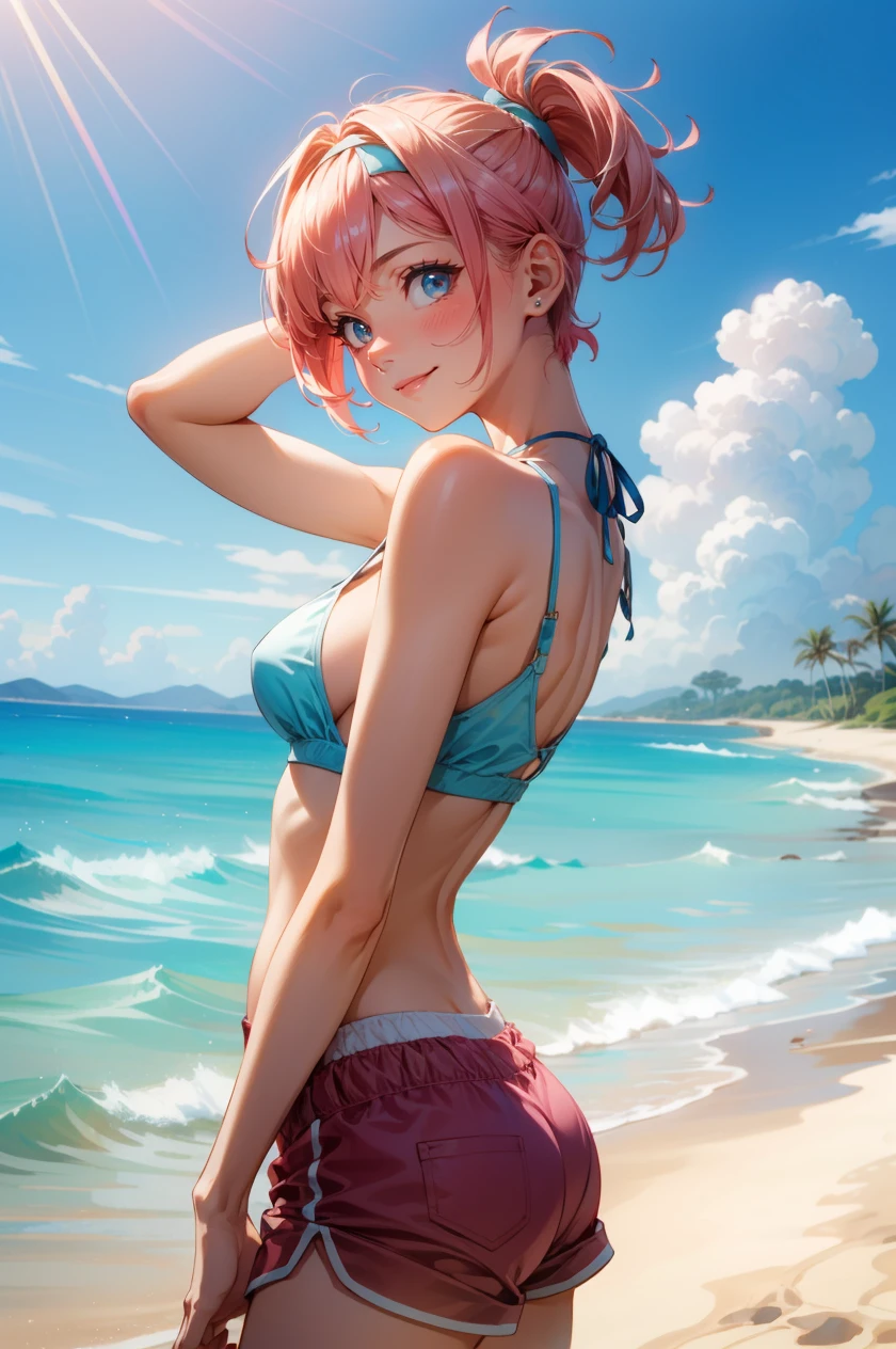 (masterpiece, best quality), cowboy shot, 1girl, arm behind head, arched back , (Pink Tousled Pixie Cut with Headband), medium breasts, dolphin shorts, Sunshine, beach, blurred background, sunbeam, backlight , (bluish tone correction:1.1), <lora:DolphinShorts_FefaAIart:0.7>, <lora:more_details:0.33>