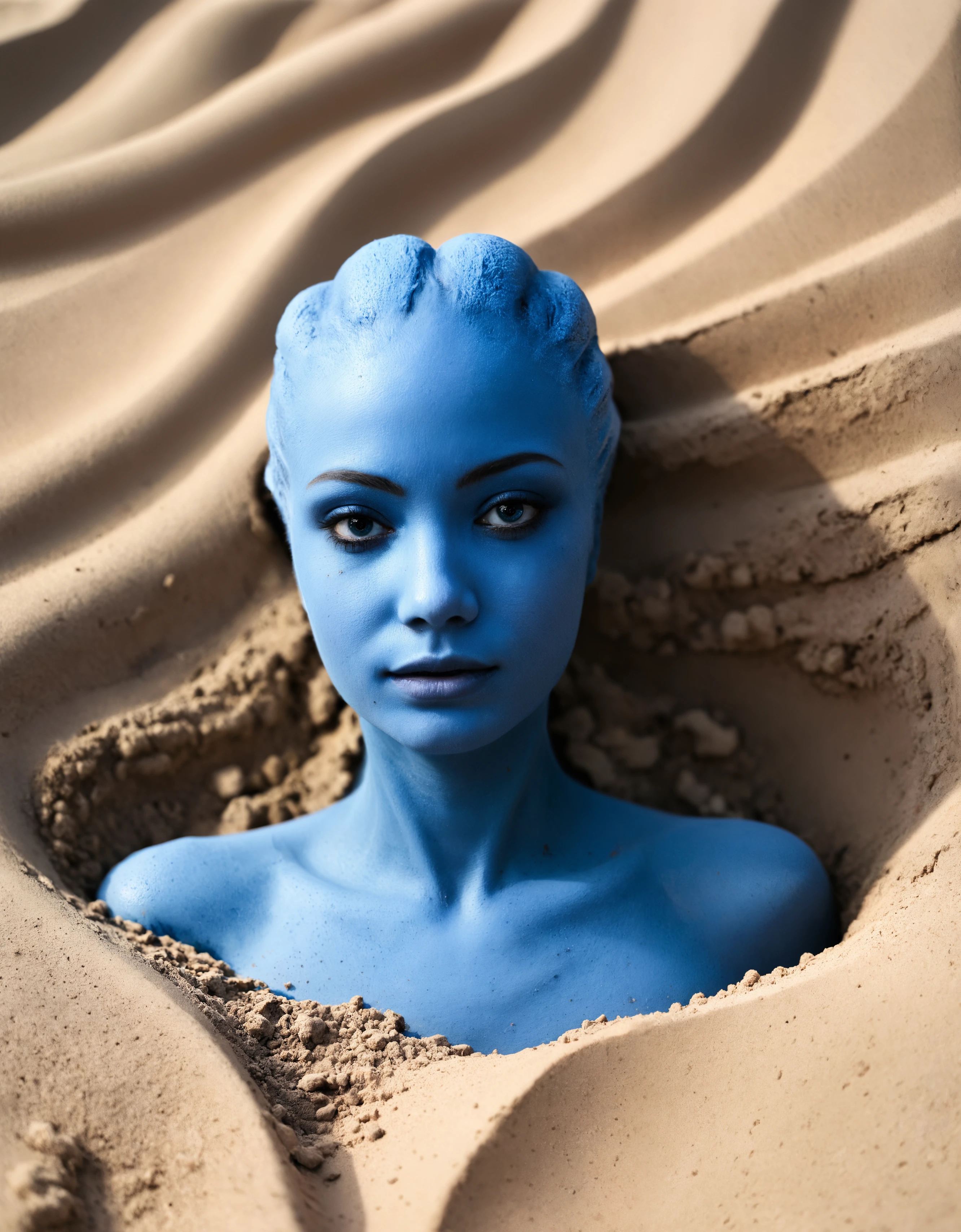 (zavy-liara:1.3), glamour shot from above of a beautiful young woman burried in sand on the beach, looking at viewer, subsurface scattering, clean, portrait, fabric, small breasts, blue skin, from above,