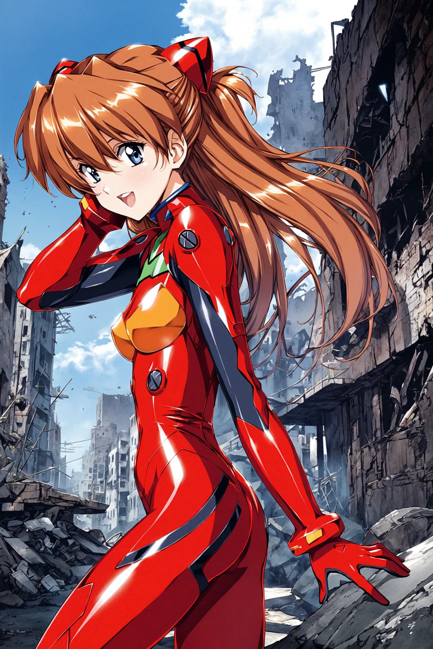 1girl,long hair,plugsuit,bodysuit,souryuu asuka langley,pilot suit,bracer,ruins,city,blue eyes,smile,breasts,bangs,turtleneck,solo,cowboy shot,:d,hair between eyes,gloves,(red bodysuit:1.5),small breasts,looking at viewer,headgear,two side up,hand on hip,skinny,adjusting hair,narrow waist,standing,brown hair,science fiction,hand up,shiny clothes,hair ornament,happy,from side,shiny,skin tight,<lora:Urushihara Satoshi_XL_V2:0.8>,