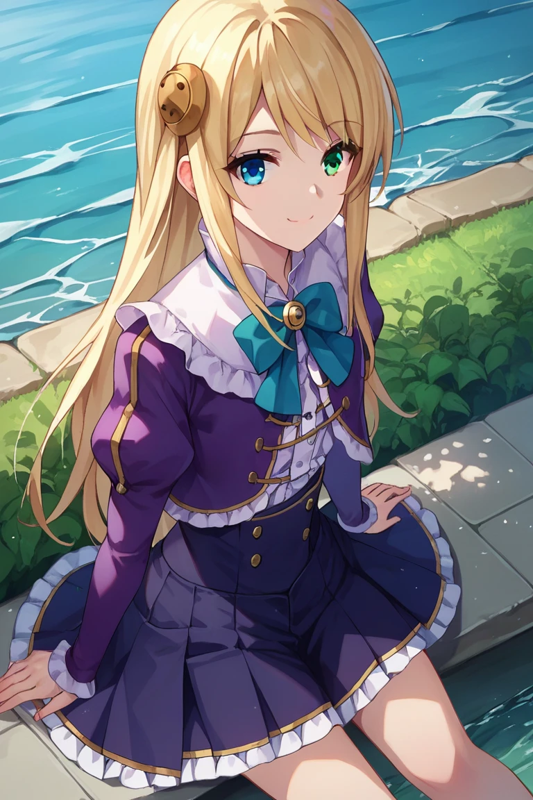 score_9, score_8_up, score_7_up, score_6_up, score_5_up, score_4_up, source_anime, BREAK yumina, 1girl, solo, sitting, from above, looking at viewer, blonde hair, long hair, hair ornament, bangs, heterochromia, green eyes, blue eyes, smile, frills, shirt, white shirt, blue ribbon, brooch, striped clothes, center frills, buttons, jacket, cropped jacket, purple jacket, puffy sleeves, long sleeves, skirt, high-waist skirt, pleated skirt, purple skirt, feet out of frame, bare foot, outdoors, meadow, river, day, spring,
<lora:Yumina_PonyXL_v1:0.8>