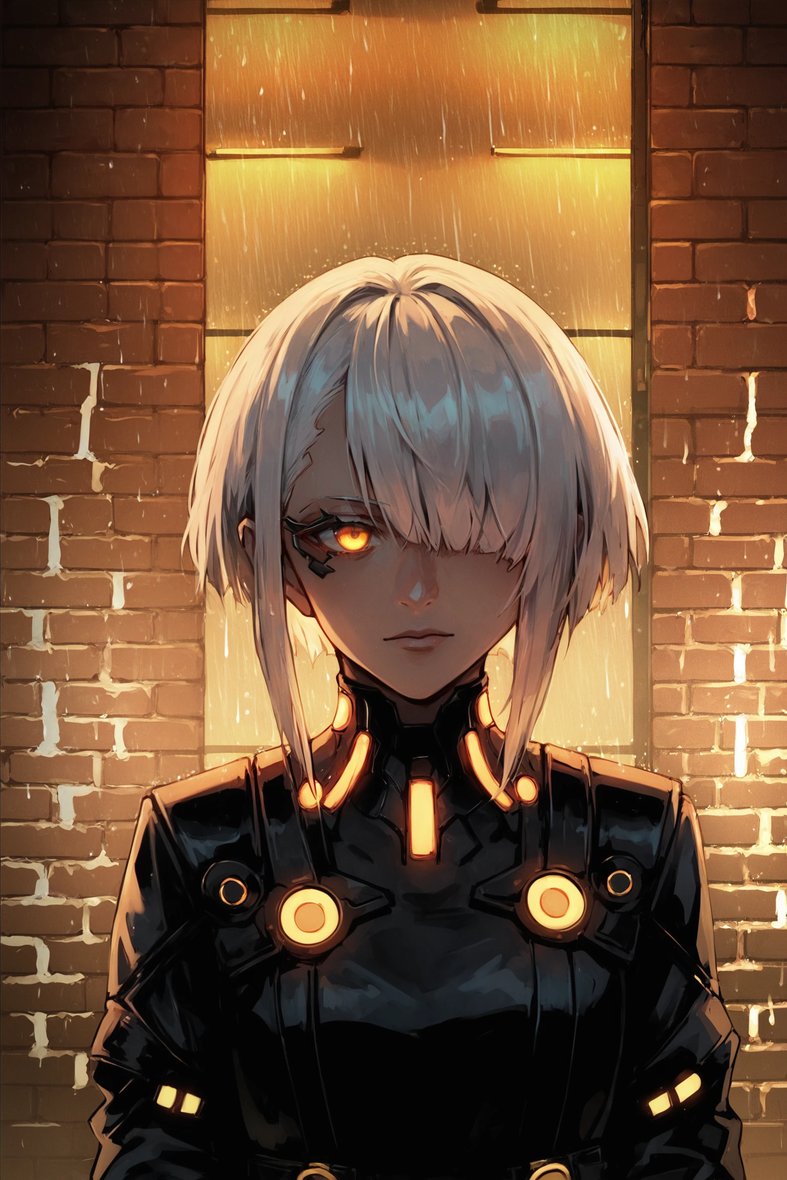 score_9, score_8_up, score_7_up, score_6_up, 1girl, (Girl, white hair, orange inner colored hair, bob haircut over one eye, gloves, orange eyes, portrait,  lace collar, black suit ), neon lights, sitting, falling asleep,  (Deus Ex style, DeusEx, cyberpunk), 8k, hd, soft light, cinematic light, Very detailed, yellow lights,  (Brickwall background),   rain, street,  <lora:DeusEX_r1:1>