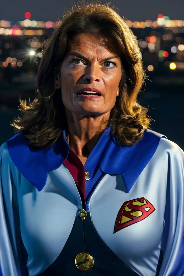 lisa murkowski <lora:politician_003_lisa_murkowski:0.65> face closeup, face focus, shirt, formal, suit, collared shirt, white shirt, jacket,
Wearing a superhero costume with a giant "S" on the chest, flying above a city skyline with a cape flowing behind them,
best quality, masterpiece, HDR, professional, studio quality, highres,