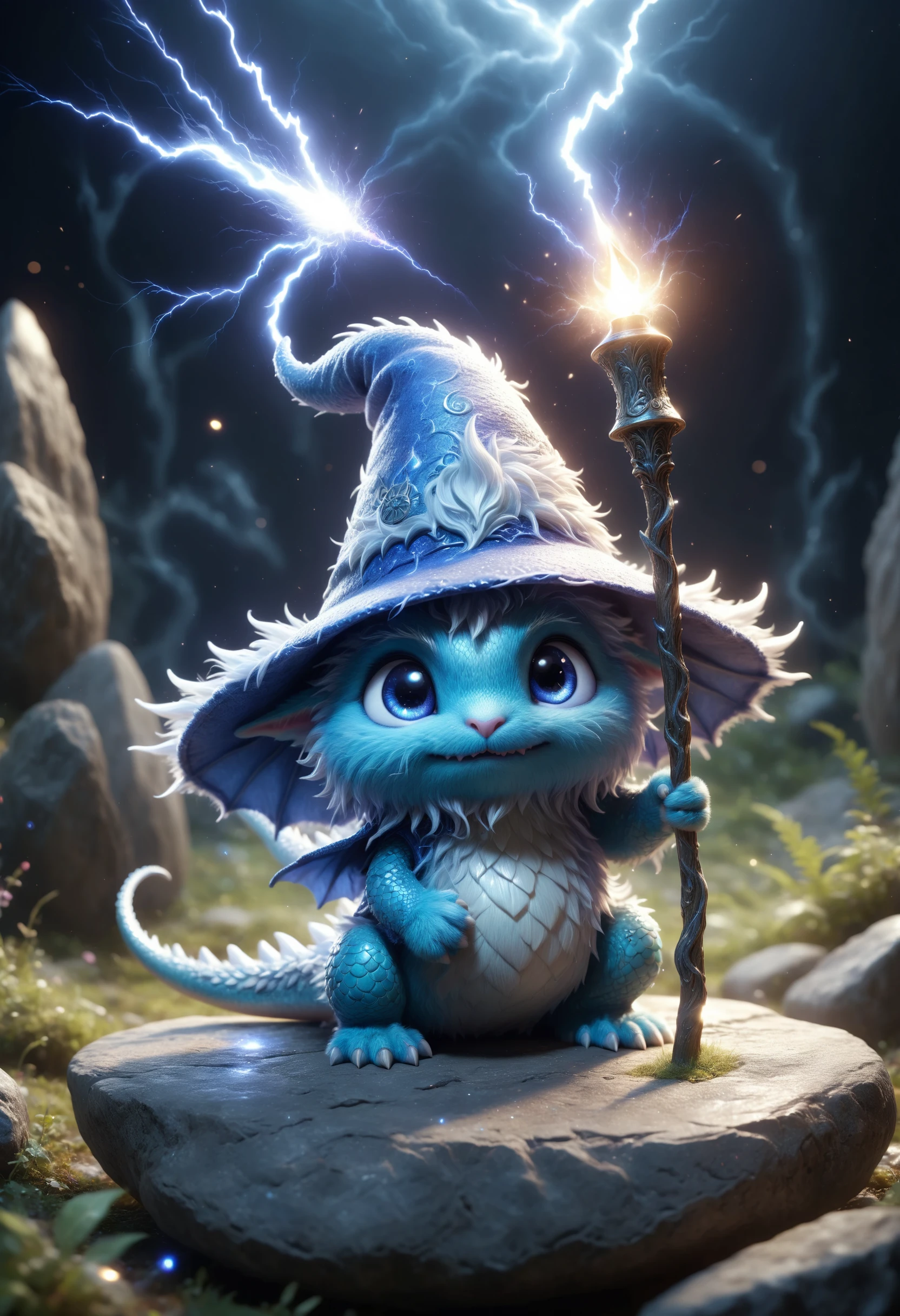 3d fluffy whimsical dragonling hiding behind a large stone, tiny body, large blue wizard hat, tiny magical wand is casting a powerful lightning spell, cute and adorable, cute big circular reflective eyes, long fuzzy fur, Pixar render, unreal engine cinematic smooth, intricate detail, cinematic <lora:dvr-hgh-fnt:0.5> dvr-hgh-fnt