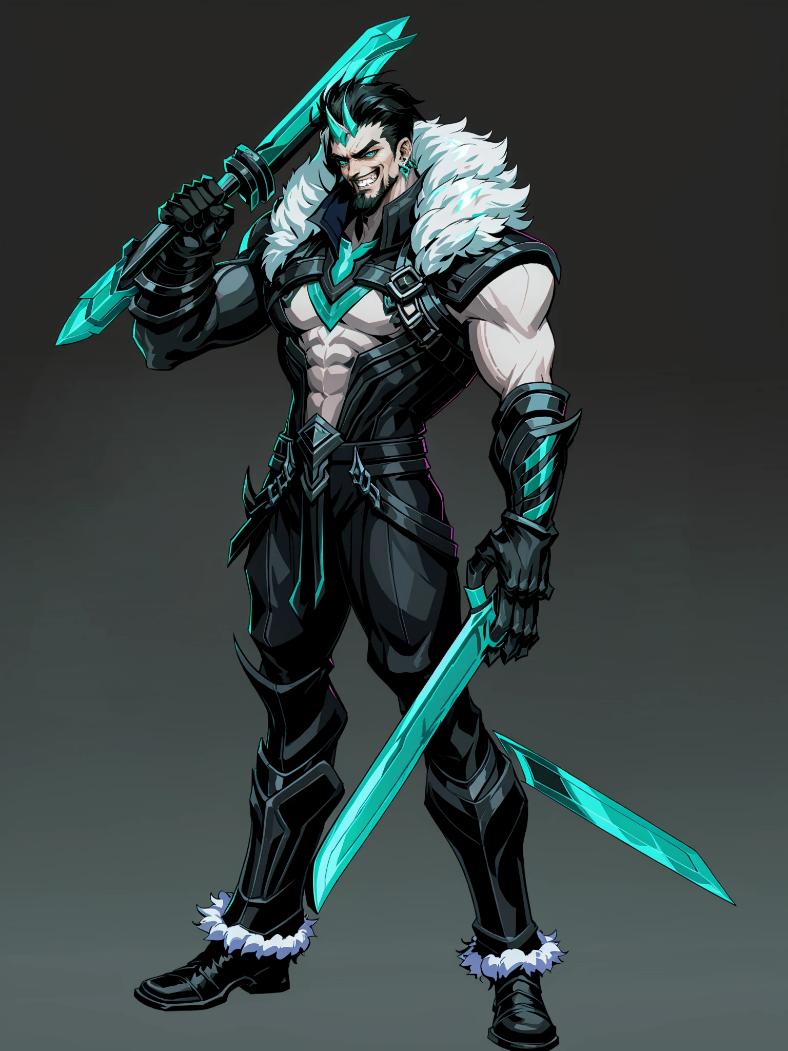 HEZI, Valenlott style, European and American cartoon character design, cutting, dividing, angular, features, solo, weapon, 1boy, male focus, muscular, pants, abs, muscular male, jacket, facial hair, teeth, holding, mature male, biceps, beard, black hair, pectorals, smile, gloves, black jacket, gradient, holding weapon, open jacket, gradient background, looking at viewer, simple background, black background, sword, crown, jewelry, green eyes, glowing, no shirt, over shoulder, colored skin, grey background, weapon over shoulder, earrings, manly, open clothes, grin, full body, bara, thick arms, piercing, fur trim, bangs, shoes, alternate costume, gauntlets, large pectorals, standing, black pants, collar, long hair, black gloves, thick eyebrows, green background, ear piercing, blue eyes, short hair, glowing eyes, sharp teeth, white background, glowing weapon, medium hair, horns, black footwear, holding sword, fang, navel, shoulder pads, fur-trimmed jacket, grey hair, bare pectorals, mustache, spiked hair, feet out of frame, armor, single horn,<lora:欧ç¾å¡é人ç©è®¾è®¡V2çæ¬-000012:0.7>,