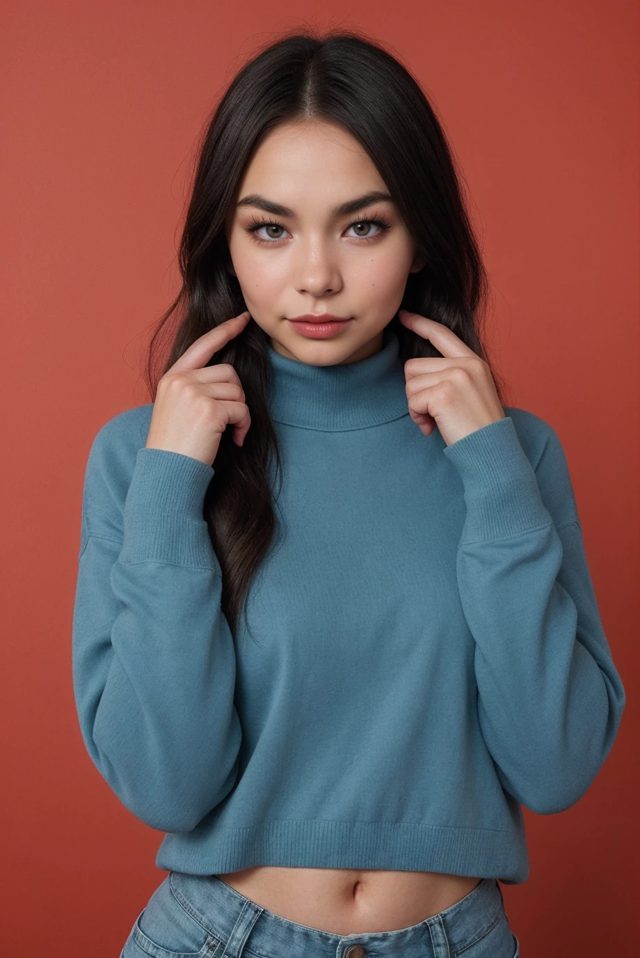 full body shot of 0ER0_Lara_Fraser, wearing a turtleneck sweater and jeans, red background, RAW photo, 8k UHD, DSLR, soft lighting, high quality, film grain, Fujifilm XT3, RAW candid cinema, 16mm, color graded portra 400 film, remarkable color, ultra realistic, textured skin, remarkable detailed pupils, realistic dull skin noise, visible skin detail, skin fuzz, dry skin, shot with cinematic camera