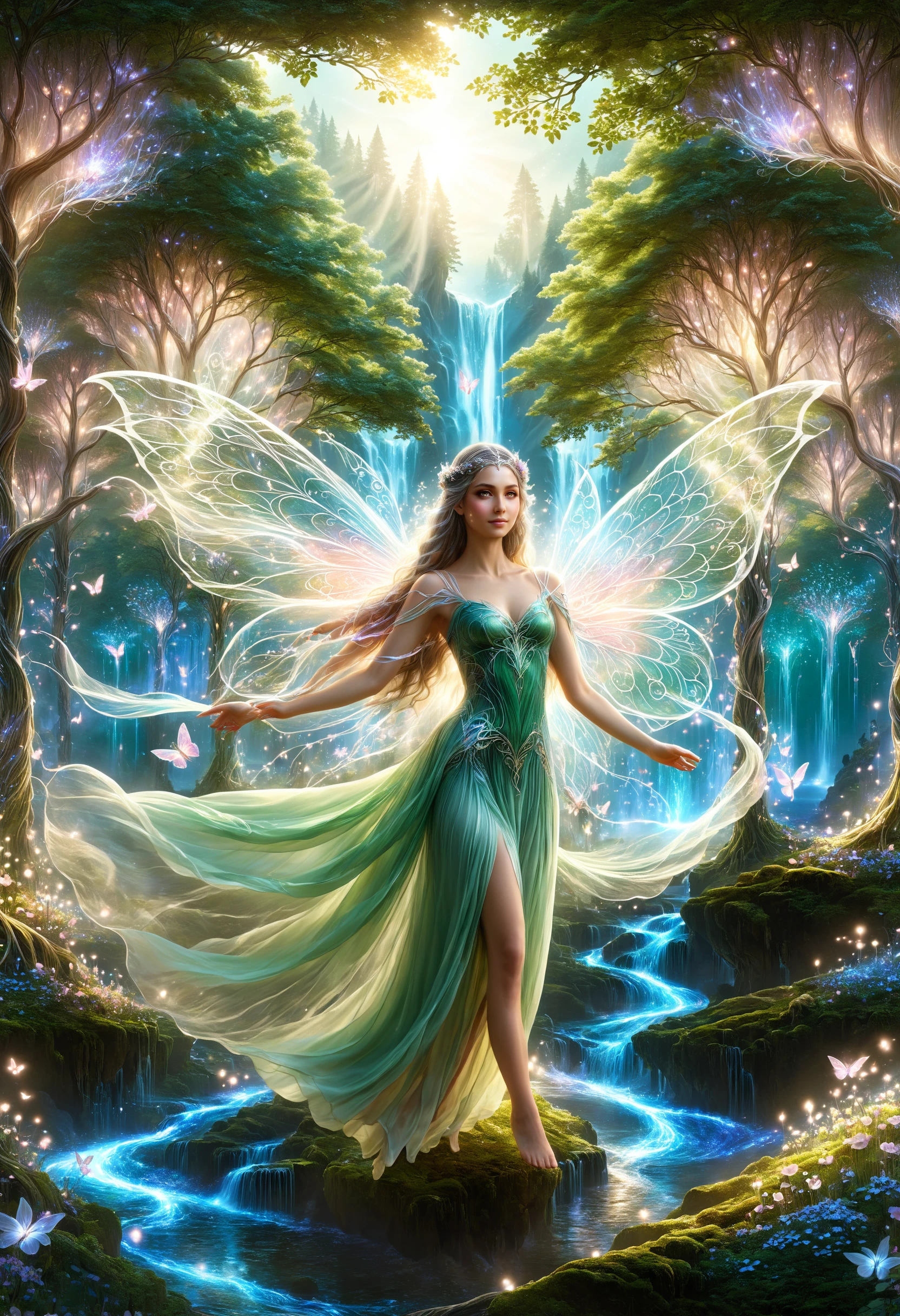 translucent energy burst wings fairy princess fluttering around and blending with the surroundings in a long flowing wavy dress, high fantasy image of an ethereal elvish forest, glowing flowers and bioluminescent trees, distant waterfall, serene ambiance <lora:dvr-hgh-fnt:0.8> dvr-hgh-fnt