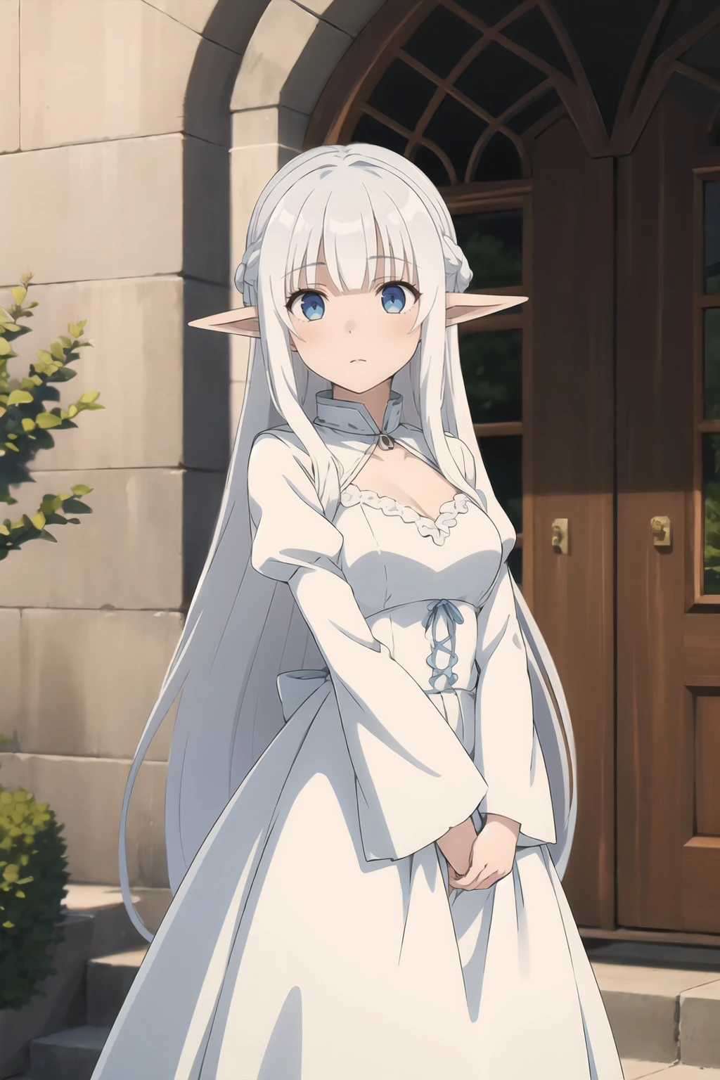Nephelia, 1girl, elf, blue eyes, white hair, long hair, white dress, long sleeves, puffy sleeves, <lora:Madome - Nephelia R3:0.8>