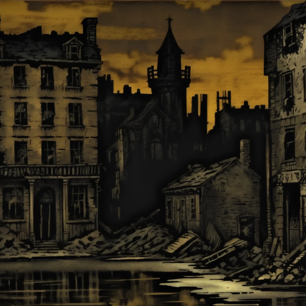 DarkestDungeon, gorgeous landscape, extremely detailed impressionistic painting, 19th century painting by John Longstaff, Marie Antoinette, despondent, eyes downcast, sepia tone, brick building in the background, wood windowframe, brick chimneys, victorian slum, dirty, filthy, stained walls