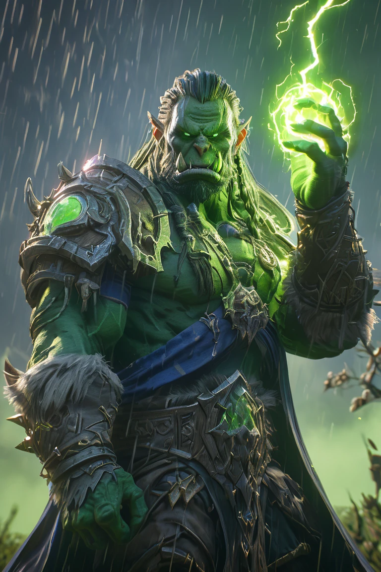 a cinematic fullbody shot of a world of warcraft Orc Shaman casting lightning magic spells, raining in background, unreal engine 5, HD, masterpiece, best quality, hyper detailed, ultra detailed