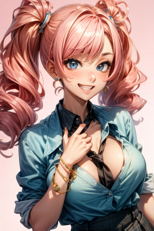 (kogal gyaru), girl, solo, (makeup), (long twintails:1.2), (pink hair:1.2),blush, (grin:1.2), (petite), High cheekbones, full lips, (round face:1.3) sexually suggestive, giggling, BreastLift
break,
school uniform, skirt, hair accessory, jewelry, bracelet
break,
posing for a photo, best quality, masterpiece, (realistic:0.8), detailed face, beautiful eyes, <lora:kogal_gyaru-1.0:0.77>, <lora:BreastLiftV8:0.7>, <lora:more_details:0.45>