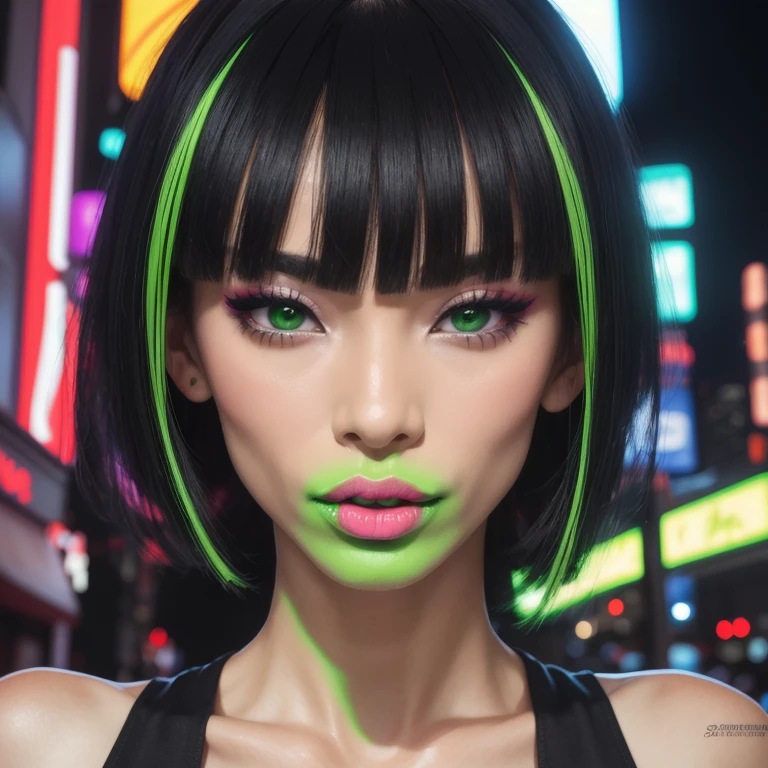 masterpiece, best quality, full body, portrait, night city, 1girl, anime, 3D, Japan, pixar, realistic, Bai ling as Bazlunipa woman <lora:Bazlunipa:0.9>, pulpous neon green lips,((fluorescent  neon green lipstick 1.0)), cute face, harajuku fashion style, maxi dress, beautiful, colorful,  cyberpunk, smooth skin, illustration, by stanley artgerm lau, foreshortening, extremely detailed 8K, smooth, high resolution, ultra quality, highly detail eyes, highly detail mouth, highly detailed face, perfect eyes, sideways glance, glare, Iridescent, Global illumination, hd, 8k realistic light and shadow, bright Eyes, fluorescent eyes  ,