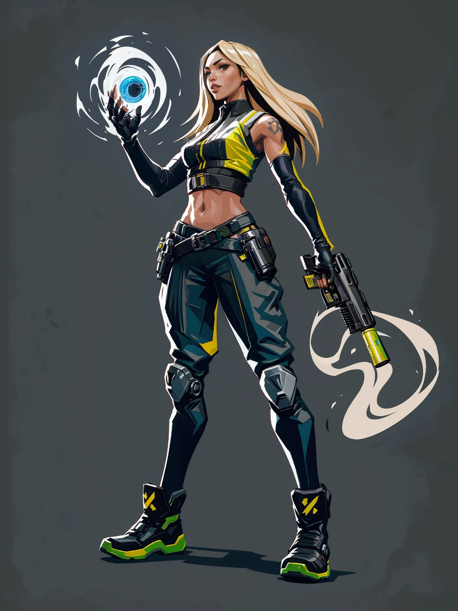 HEZI,Valenlott style,European and American cartoon character design,cutting,dividing,angular,features,1girl,weapon,solo,gun,navel,holding,fingerless gloves,holding gun,gloves,pants,holding weapon,breasts,handgun,long hair,boots,black gloves,black pants,midriff,brown hair,parted lips,black footwear,elbow gloves,dark-skinned female,blonde hair,medium breasts,black background,dark skin,tattoo,full body,grenade,standing,animification,brown eyes,smoke,pouch,belt,sleeveless,hair behind ear,explosive,lips,open hand,trigger discipline,looking at viewer,small breasts,sleeveless jacket,vest,simple background,bare shoulders,blue eyes,clothing cutout,shirt,grey pants,smoking gun,science fiction,black belt,shadow,crop top,yellow gloves,knee pads,arm tattoo,grey background,<lora:欧ç¾å¡é人ç©è®¾è®¡V2çæ¬-000012:0.7>,