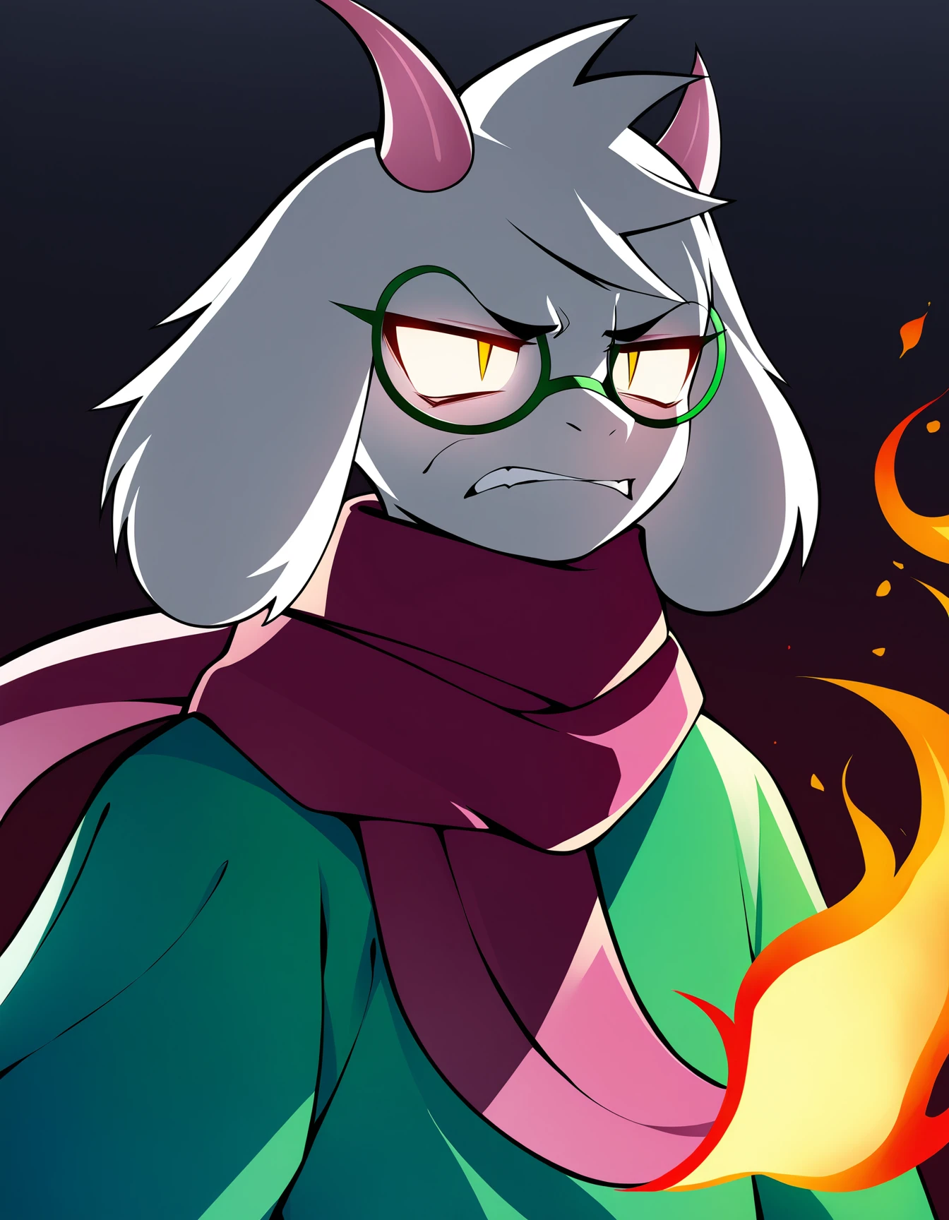 ralsei, art by by chanifge, cgi, digital painting, masterpiece, best quality, fire, black background, angry face, upper body, gradient background, simple background 