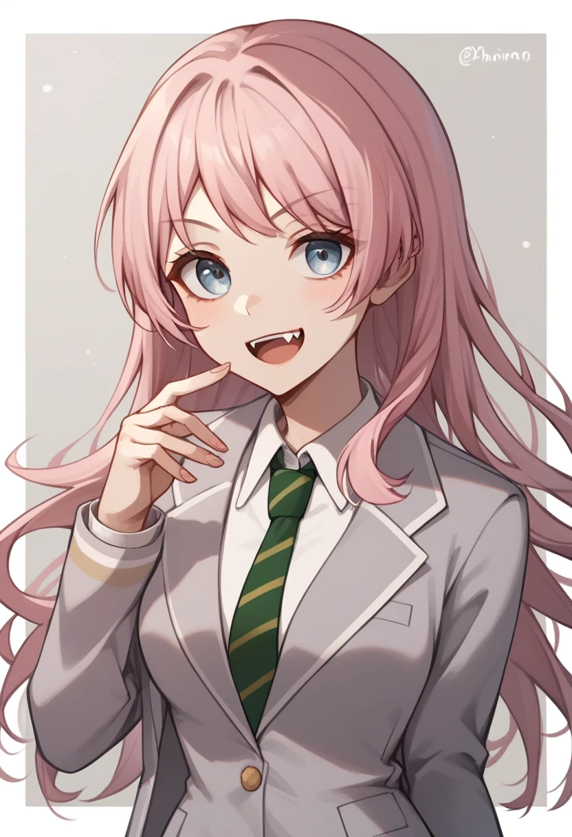 score_9,score_8_up,score_7_up,<lora:chihaya_anon_pony:1>,1girl,solo,upper_body,hand_up,fang,medium_breasts,highres,absurdres,collared_shirt,looking_at_viewer,green_necktie,partial_commentary,commentary_request,open_mouth,white_shirt,upper_teeth_only,diagonal-striped_clothes,grey_jacket,chihaya_anon,diagonal-striped_necktie,haneoka_school_uniform,white_border,copyright_name,twitter_username,character_name,long_sleeves,blazer,