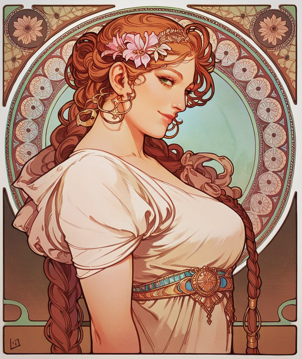 score_9, score_8_up, score_7_up, score_6_up, score_5_up,  BREAK art nouveau,portrait, flower,very long hair, braided hair,looking at viewer, smile, dress, jewelry , 1girl ,profile, large breasts,   