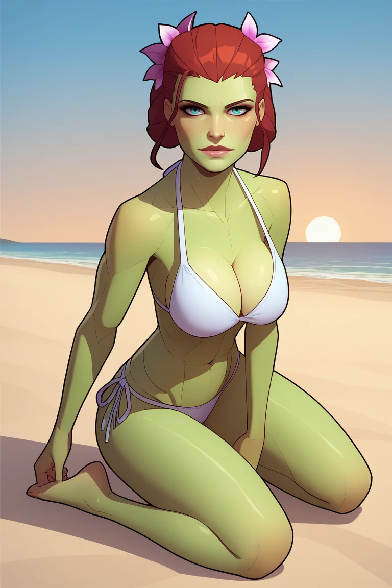 score_9, score_8_up, score_7_up, BREAK, 1girl, solo, <lora:pibak-guy-PONYv1wg:.9>, pibak, green skin, hair flower, <lora:balsamique-guy-PONYv1:1>, beach, bikini, sunset, reflection,  cleavage, thighs, looking at viewer, sand, kneeling, toned,