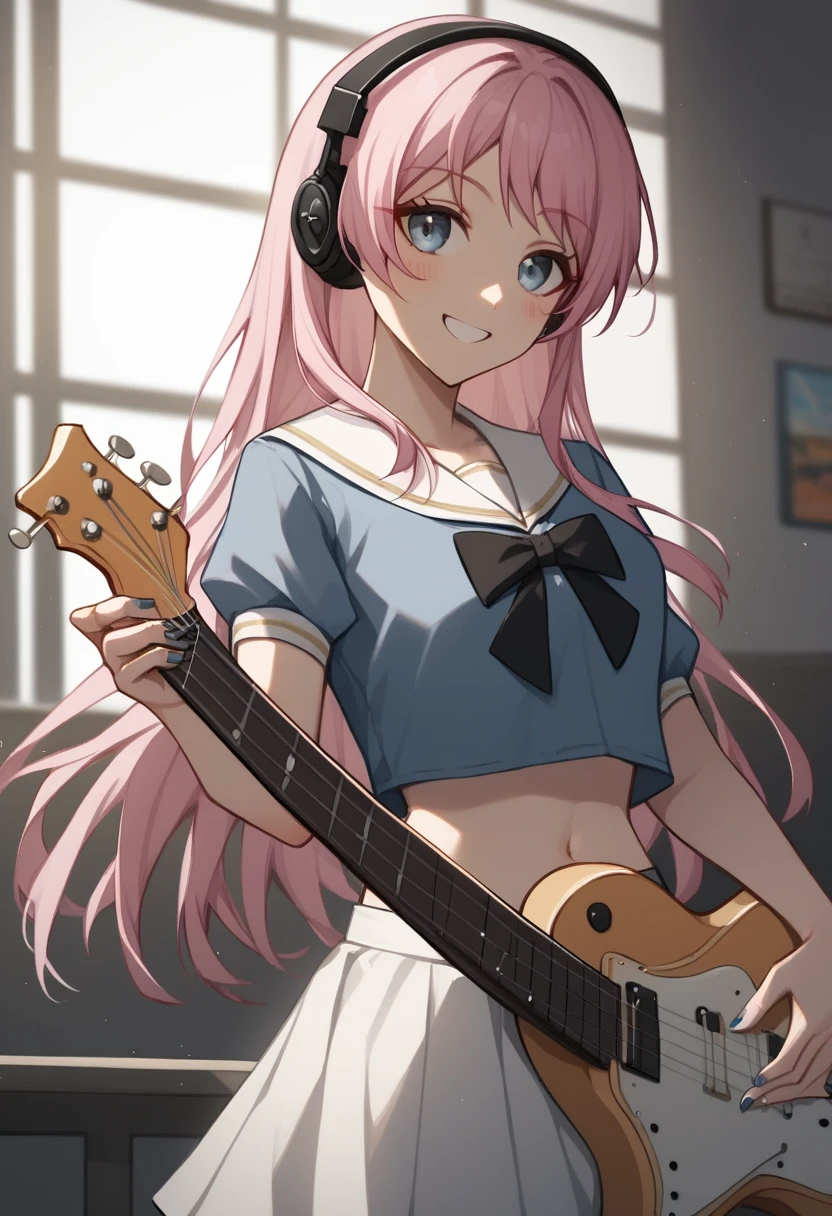 score_9,score_8_up,score_7_up,<lora:chihaya_anon_pony:1>,1girl, solo, smile, blush, highres, absurdres, electric_guitar, frilled_sailor_collar, signature, midriff, cropped_shirt, white_skirt, artist_name, chihaya_anon, audio_cable, blue_shirt, looking_ahead, backlighting, nail_polish, playing_instrument