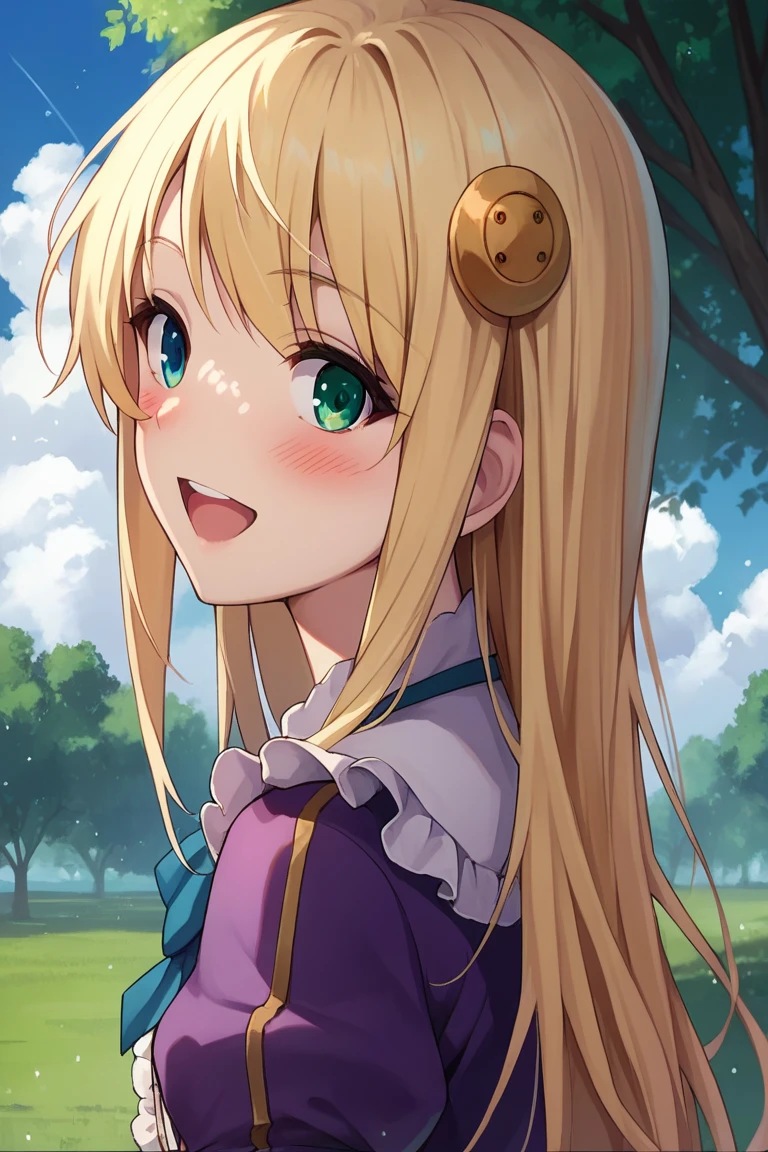 score_9, score_8_up, score_7_up, score_6_up, score_5_up, score_4_up, source_anime, wallpaper, BREAK yumina, 1girl, solo, upper body, from behind, back, portrait, looking at viewer, blonde hair, long hair, hair ornament, bangs, heterochromia, green eyes, blue eyes, embarrased, smile, open mouth, blush, frills, shirt, white shirt, blue ribbon, striped clothes, center frills, buttons, jacket, cropped jacket, purple jacket, puffy sleeves, long sleeves, outdoors, meadow, tree, blue sky, cloud,
<lora:Yumina_PonyXL_v1:0.8>