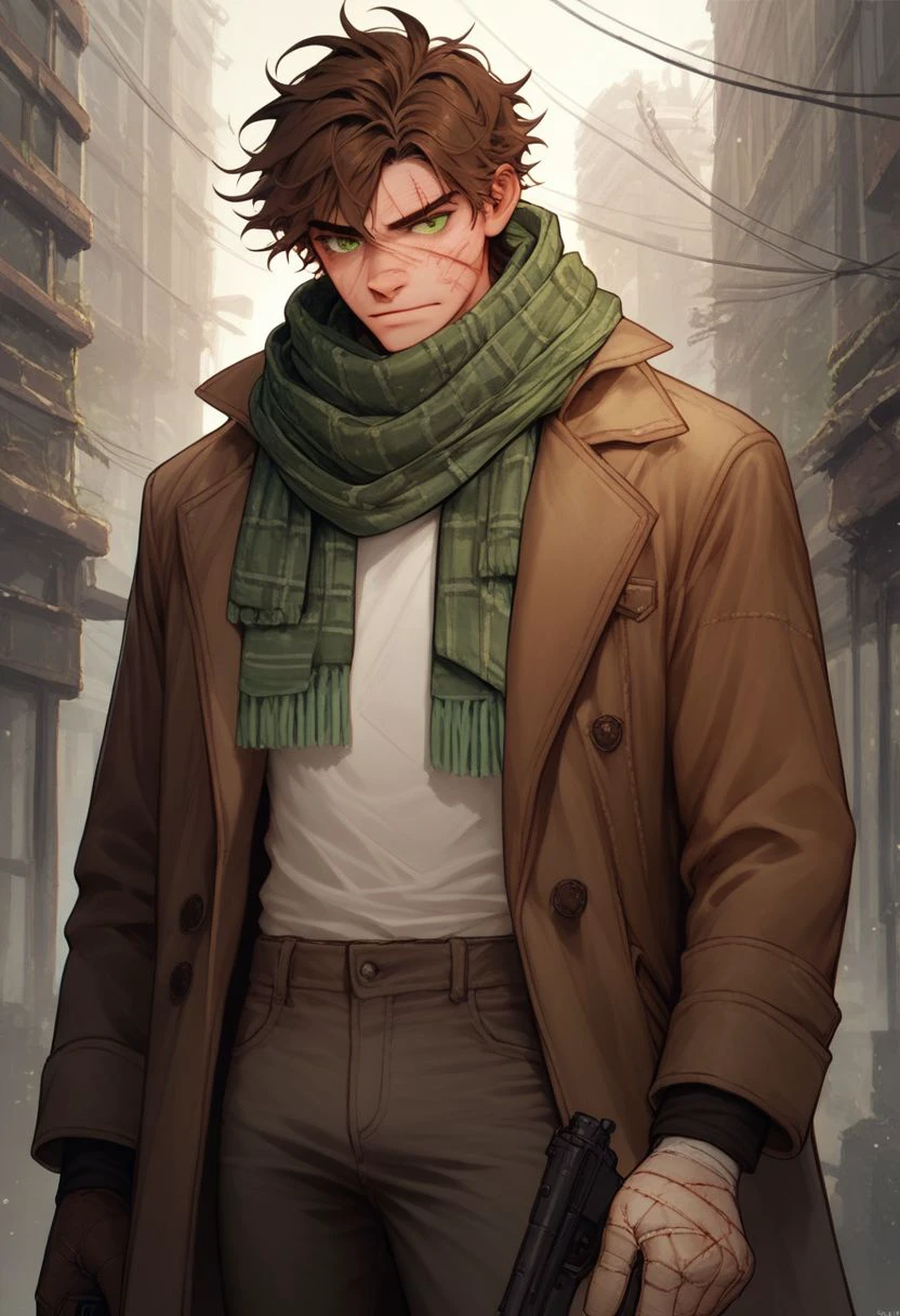 score_9, score_8_up, score_7_up, score_6_up, score_5_up, score_4_up man,brown hair, green eyes,stitches, scars on face, scarf,shirt,coat,pants,boots, holding gun,  close up