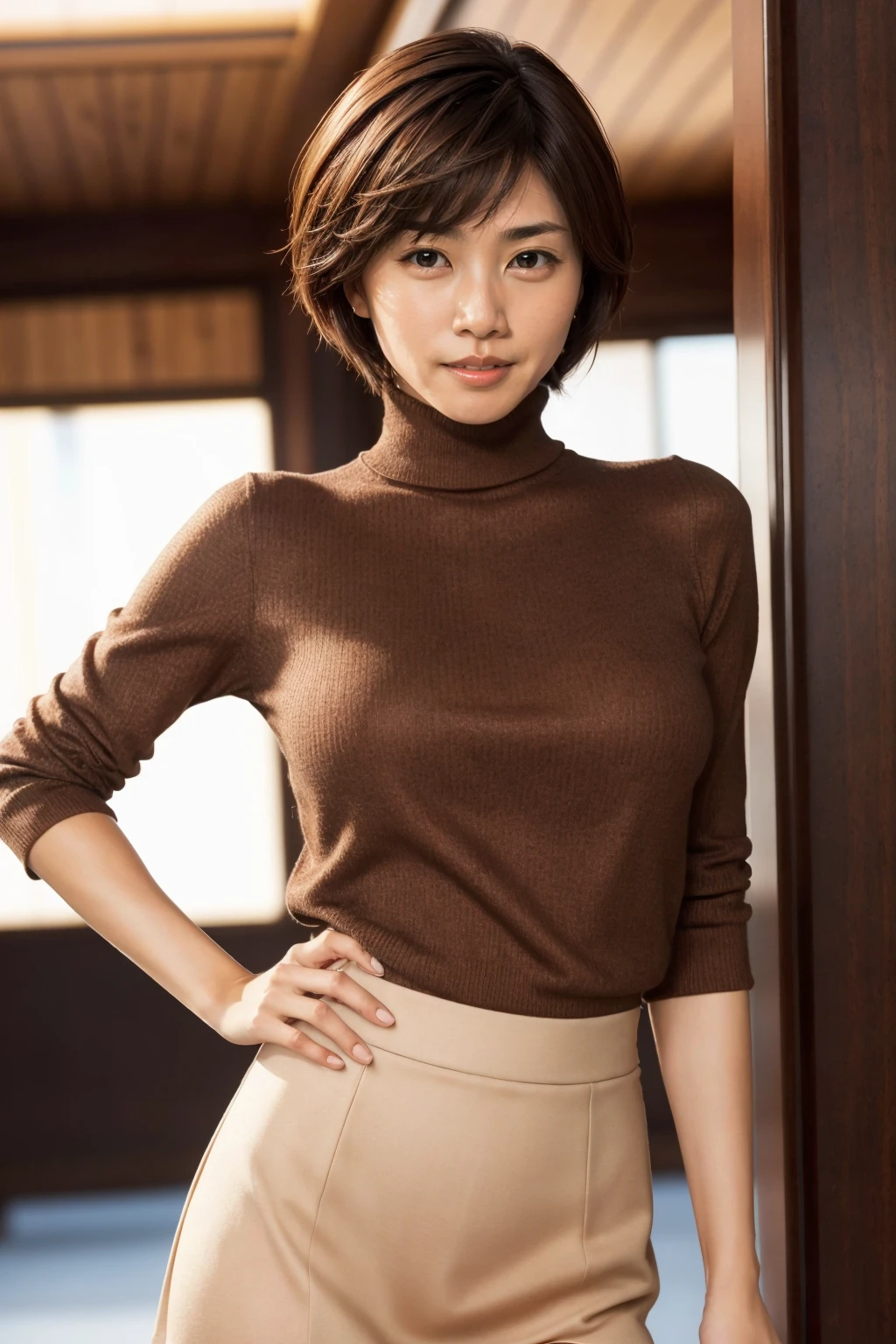 1girl, , breasts, brown eyes, short hair, eyeshadow, eyeliner,
looking at viewer, shot using canon DSLR, wearing turtleneck dress, skirt, portrait mode, upper body,
detailed body, attractive body, perfect human body,
(ultimate quality, masterpiece, highres:1.0), realistic:1.5, photorealistic,
yukiuchidalora<lora:yukiuchidalora:1>