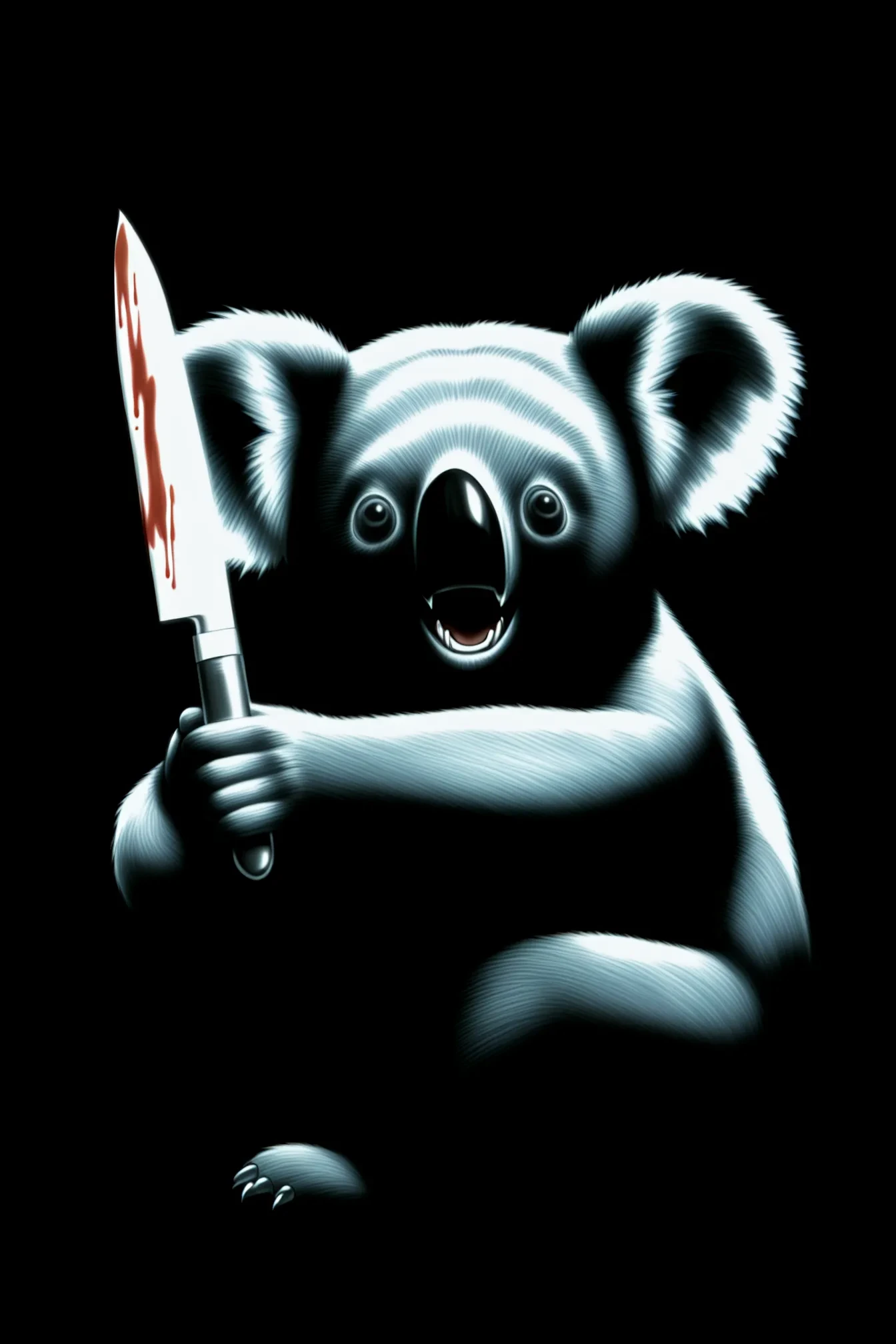 realistic koala in darkness, face half hidden in the shadows, holding knife, evil smile, blood, black background, horror