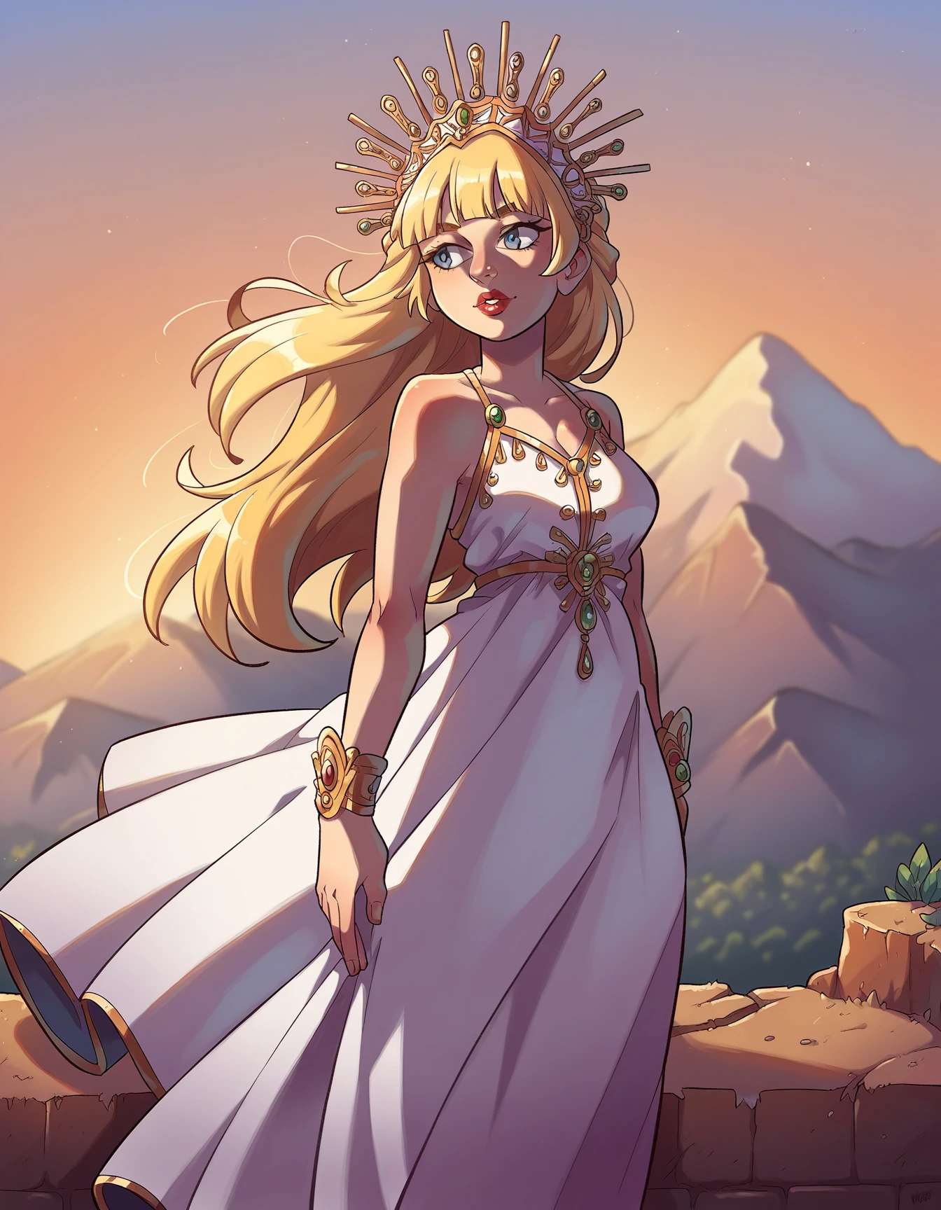 score_9, score_8_up, score_7_up, score_6_up, best quality, anime, 1girl, pale skin, long blonde hair, bangs, portrait, lipstick, hud_gdss_sn, white dress, gold trim, gold jewel headdress, crown, <lora:sun_goddess-000008:0.7>, mountains, sunrise, standing on cliff