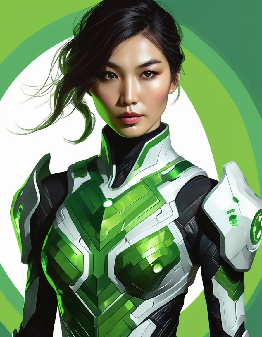 <lora:Gemma Chan v3:1.0>, waist up  of ((gmmchnsrsi woman)),wearing a green tight armored costume with white circular design, hands glowing with green energy, sci-fi, highly detailed, digital painting, artstation, concept art, sharp focus, illustration, art by Tony Sart and artgerm and randy vargas