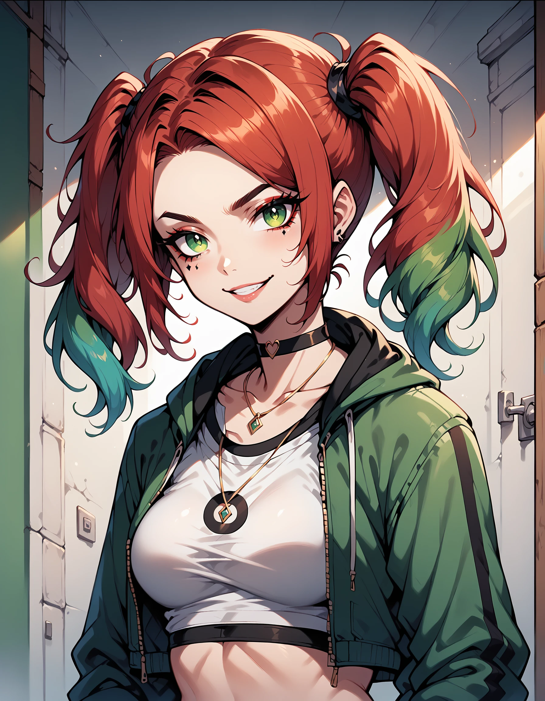 dspdxslme, 1girl, solo, green eyes, jewelry, necklace, multicolored hair, looking at viewer, green hair, choker, makeup, smile, depth of field, gradient hair, medium breasts, twintails, red hair, crop top, jacket, PonyXLV6_Scores, <lora:NijiSlimePDXL:1>