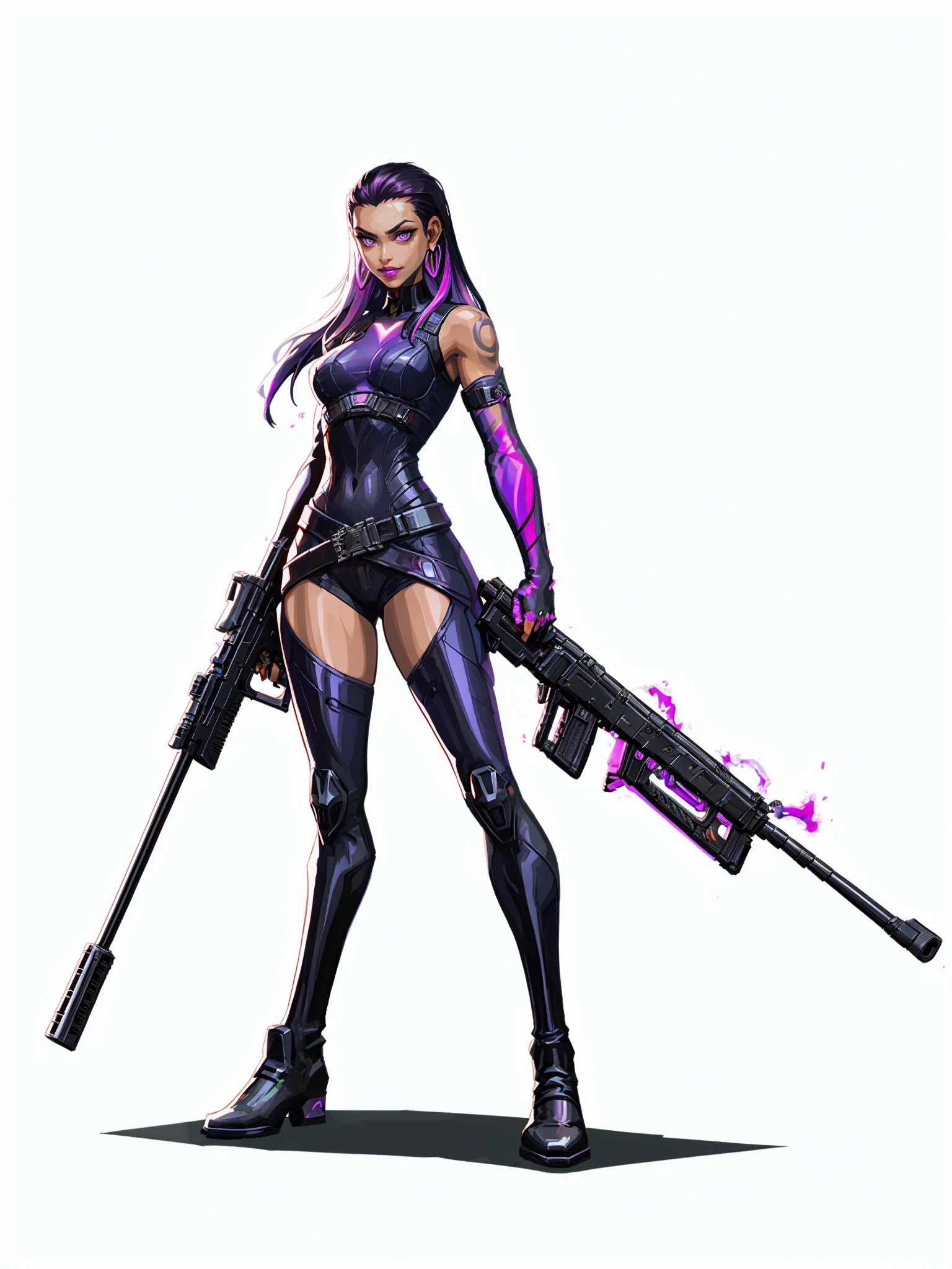 HEZI,Valenlott style,European and American cartoon character design,cutting,dividing,angular,features,1girl,weapon,gun,solo,holding,dark skin,holding weapon,holding gun,long hair,rifle,purple hair,dark-skinned female,earrings,bodysuit,white background,fingerless gloves,gloves,multicolored hair,breasts,purple eyes,glowing,looking at viewer,jewelry,medium breasts,black gloves,hair slicked back,animification,standing,full body,black bodysuit,assault rifle,boots,black hair,hair behind ear,simple background,thighhighs,tattoo,makeup,belt,glowing eyes,parted lips,open hand,arm tattoo,gradient hair,elbow gloves,submachine gun,black footwear,smile,bare shoulders,trigger discipline,fingernails,jacket,piercing,pink eyes,closed mouth,purple lips,lipstick,shadow,knee boots,pink hair,two-tone hair,bangs,sniper rifle,shoulder tattoo,hoop earrings,purple bodysuit,armor,<lora:欧ç¾å¡é人ç©è®¾è®¡V2çæ¬-000012:0.7>,
