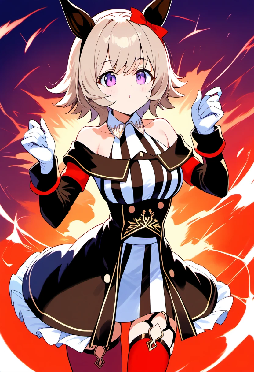 (masterpiece, best quality:1.2), solo, 1girl, currenchan, smile, looking at viewer, horse ears, ear bow, off-shoulder jacket, long sleeves, striped dress, white gloves, red thighhighs, horse tail, bare shoulders <lora:umamusume_currenchan-10:1>