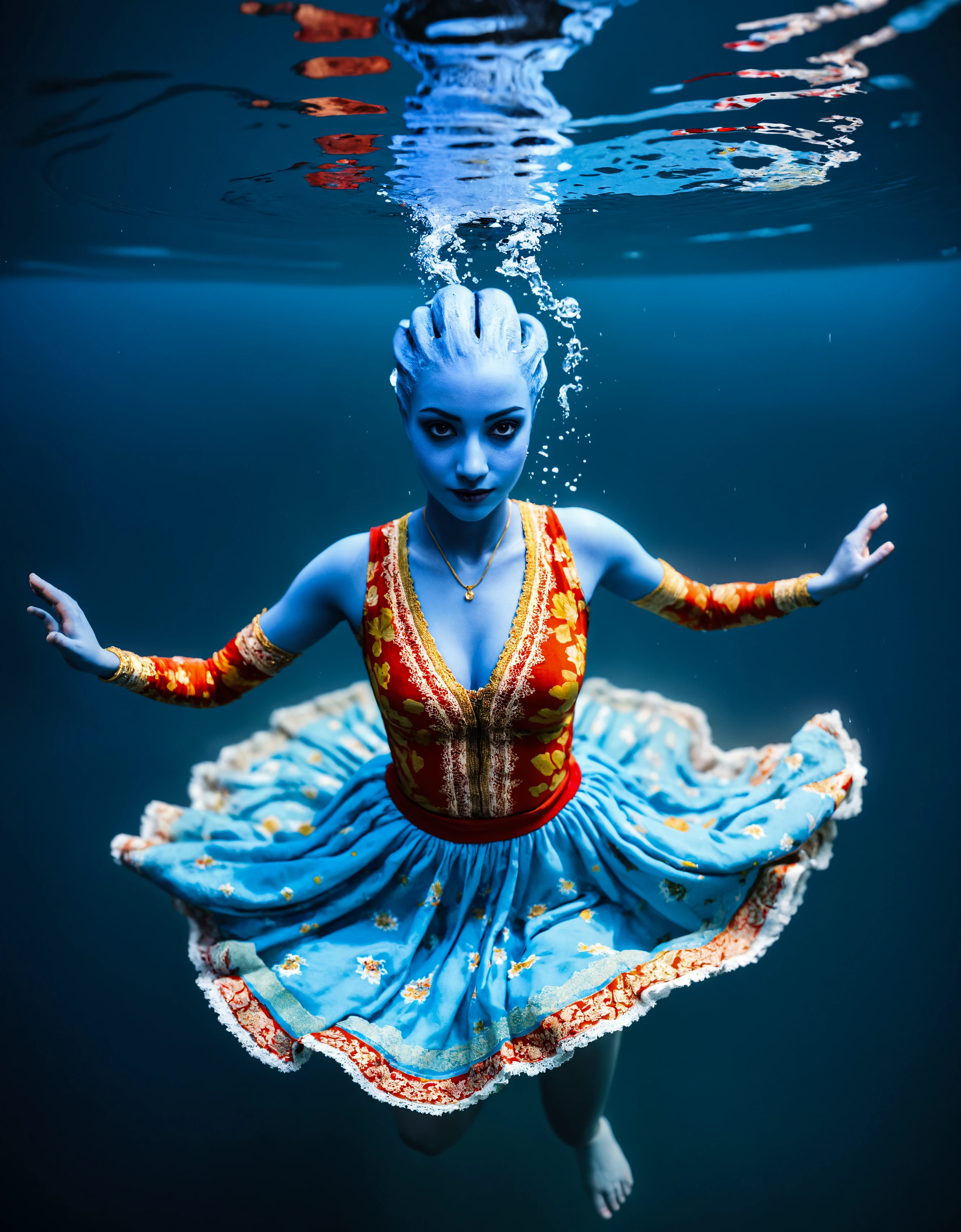 (zavy-liara:1.3), glamour shot from above of a beautiful young woman wearing colorful persian dress floating in water, looking at viewer, subsurface scattering, clean, portrait, fabric, small breasts, blue skin, from above,