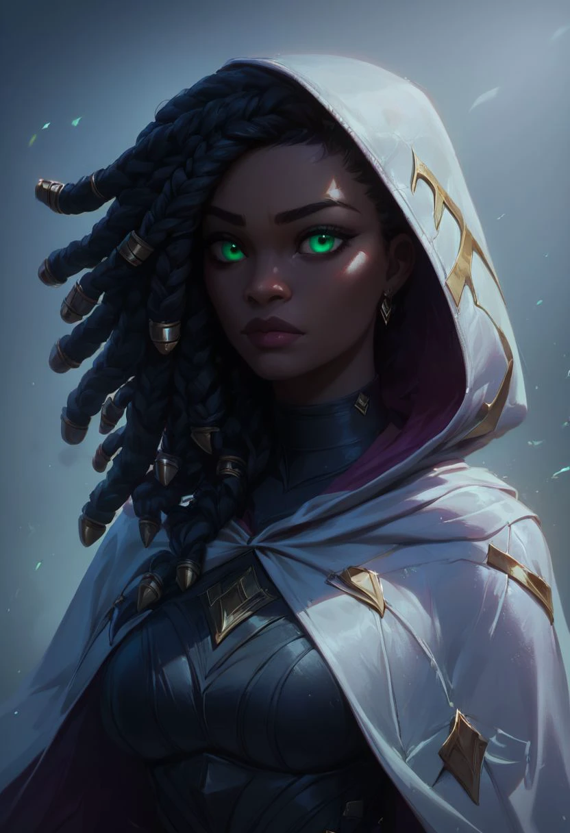 (((beautiful, hyper realistic, high quality))), portrait, score_9, score_8_up, score_7_up, realistic, 
1girl, dark skin, green eyes, black dreadlock, black top, long black gloves, white hooded cape, black pants