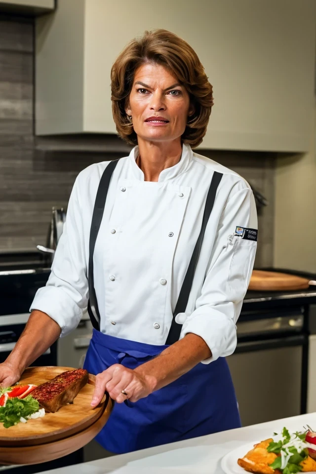 lisa murkowski <lora:politician_003_lisa_murkowski:0.65> face closeup, face focus, shirt, formal, suit, collared shirt, white shirt, jacket,
wearing a chef hat and apron, with a kitchen in the background,
best quality, masterpiece, HDR, professional, studio quality, highres,
