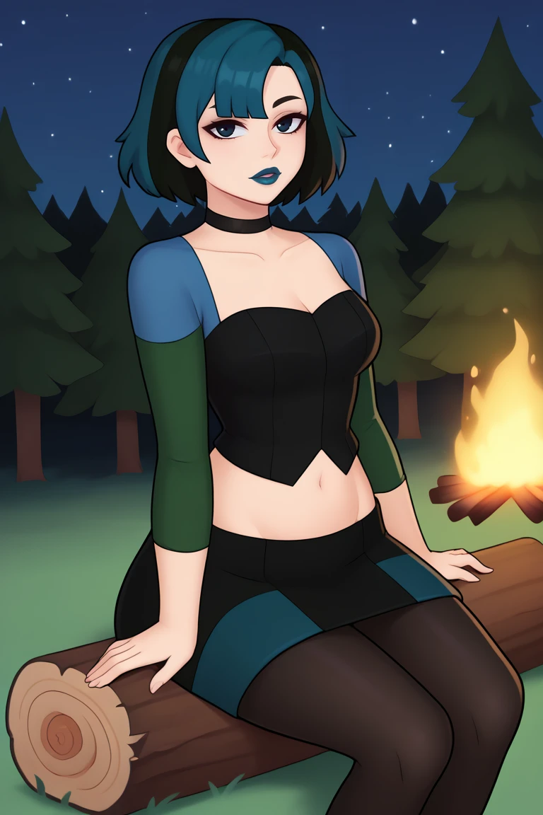 <lora:housechores-guy-PONYv1:1> 1girl, solo,  <lora:gwentd-guy-ponyv1:1> gwentd, two-tone hair, lipstick, choker, crop top, long sleeves, midriff, skirt, pantyhose, outdoors, forest, campfire, night, night sky, sitting, looking at viewer, log