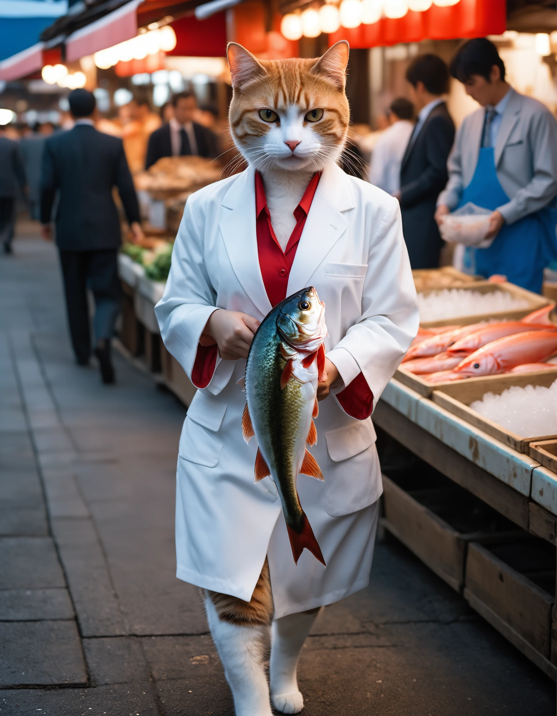 8k resolution, best quality, beautiful photograph, dynamic lighting, A hyper-detailed photograph of a Cat dressed as a mafia boss holding a fish walking down a Japanese fish market with an angry face, masterpiece, best quality, analogue photo of 1girl, extremely beautiful detailed face, best shadow, medium breasts, white shirt, simple background