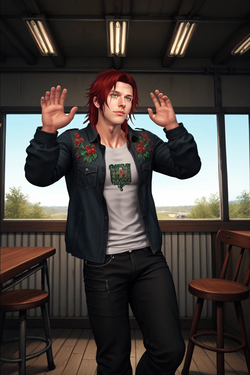 PonyXLV6_Scores , rnxdkxlz, 1boy, jacket, male focus, open clothes, open jacket, shirt, indoors, jacket, pants, railing, hands up, red hair, green eyes, solo, stool, table , <lora:RanaHXV:0.5>