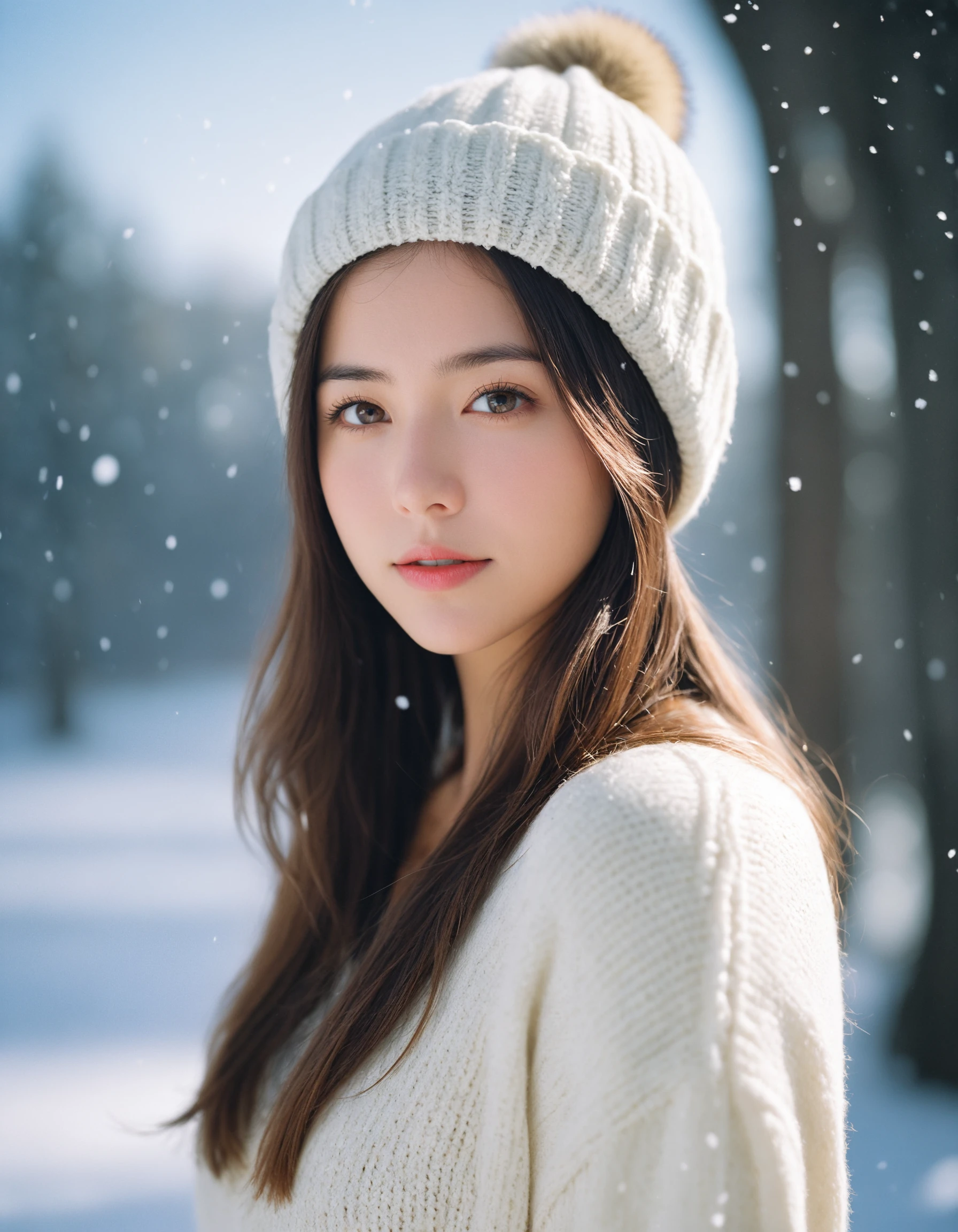 masterpiece, best quality, analogue photo of adult girl in sweater and sweater hat, looking at viewer, long hair, extremely beautiful detailed face, medium breasts, (cute face, temptations look), head shot, hold cheeks with hands, snowing background, high key lighting, eye level, Leica M3, Ektar 100, 50mm, (vignette photography), (professional photo, balanced photo, balanced exposure) masterpiece, best quality, analogue photo of 1girl, extremely beautiful detailed face, best shadow, medium breasts, white shirt, simple background