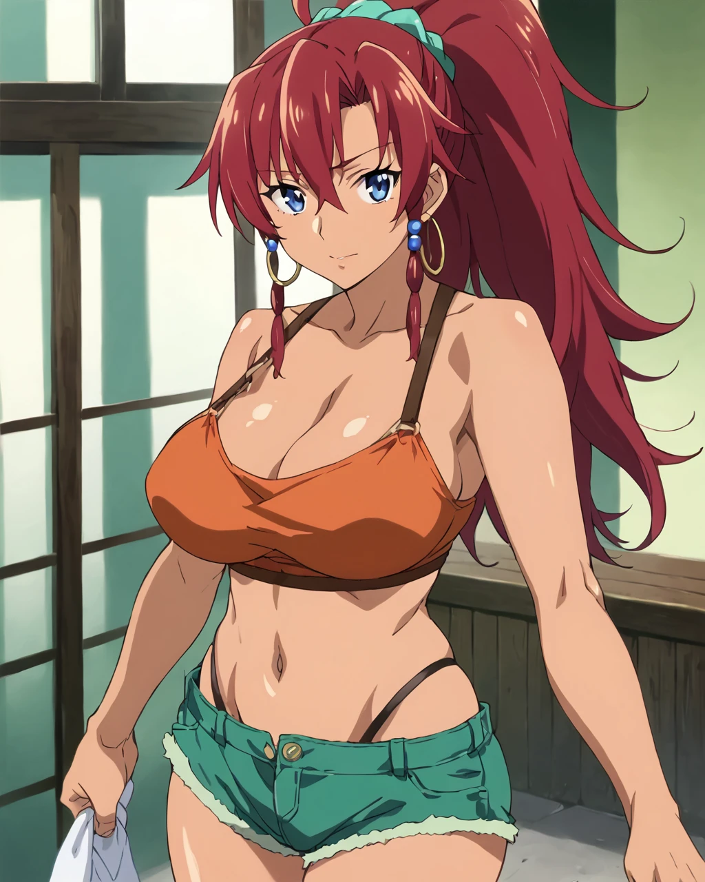 score_9, score_8_up, score_7_up, source_anime,masterpiece,best quality,highres,absurdres,official art,official style,source_anime,anime screencap,anime coloring,megami magazine,anime,animated,explicit,
shiny skin,large breasts,
 <lora:bellows:1> bellows, red hair, ponytail, blue eyes, dark skin, hoop earrings,hair beads, sidelocks,red croptop,navel,green shorts,