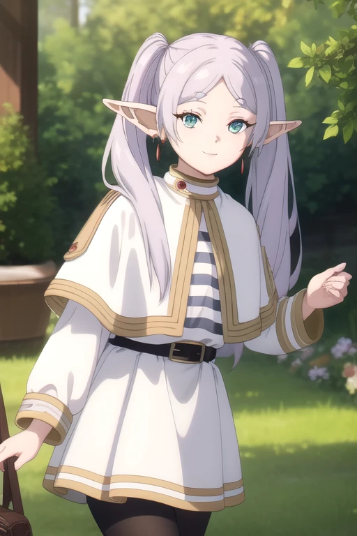 ((masterpiece)),(best quality),official art,extremely delicate and beautiful,extremely detailed CG,unity 8k wallpaper,ultra detailed,beautiful detailed eyes,extremely detailed face,outdoors,1girl,solo,cowboy shot,looking at viewer,facing viewer,smile,elf,long hair,grey hair,twintails,pointy ears,earrings,jewelry,sidelocks,parted bangs,thick eyebrows,short eyebrows,aqua eyes,white capelet,striped shirt,white dress,long sleeves,belt buckle,black pantyhose,brown boots,<lora:Frieren(snf)>,