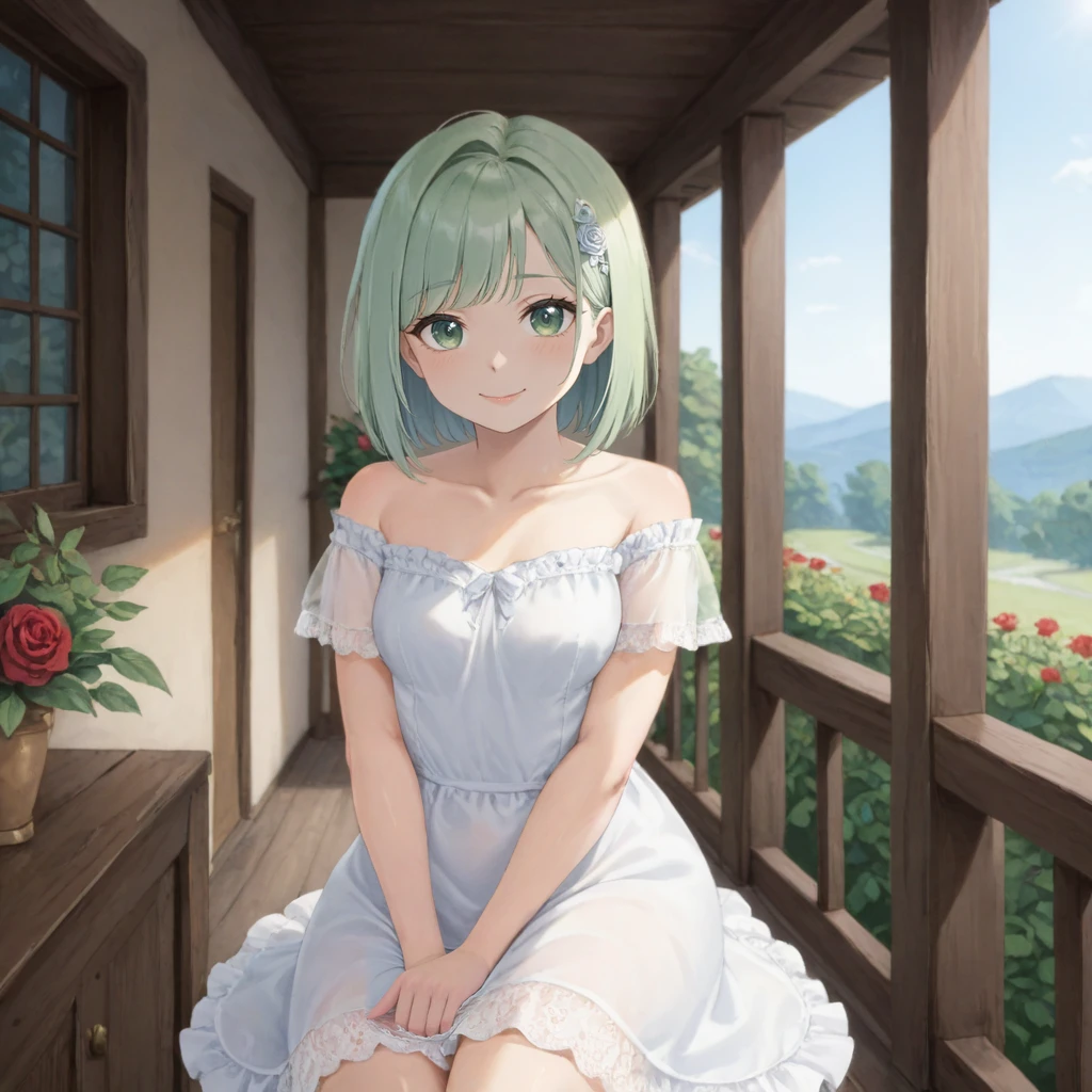 1girl, solo, seated, money on a table, veranda, white fence, rose garden, Victorian, light green hair, green eyes, bob cut, white dress, lace trim, upper body, gorgeous smile, watercolor painting