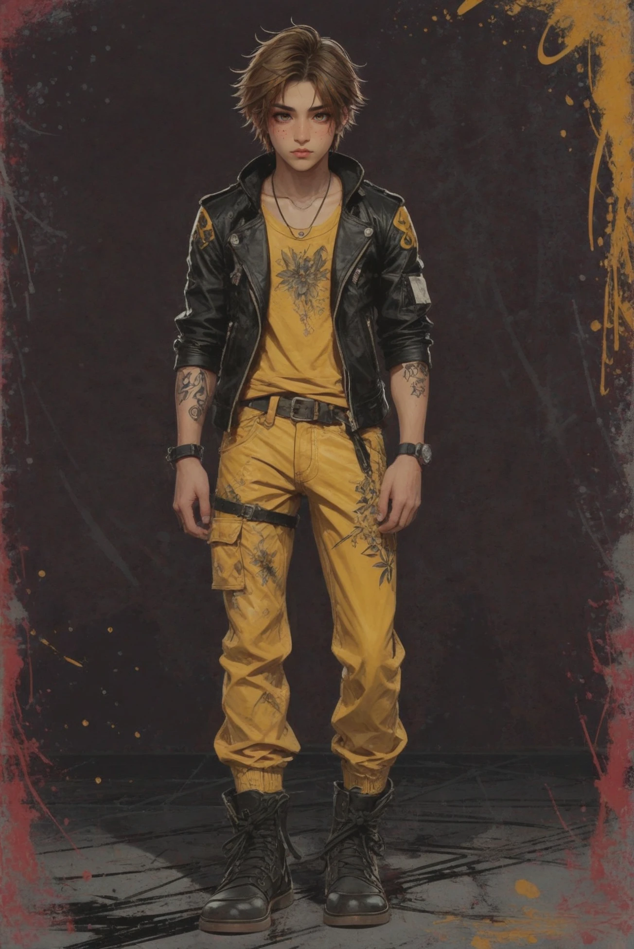 anime style, full body, character concept art, (full body:1.2), 1boy, man, masculine, solo, [:epic costume design,:0.2] antipaladin, orchid (pants:1.3), (leather jacket:1.2), (dark skin:1.3), darkgoldenrod hair, (athletic:1) build, cyber-grunge background<lora:EnvyStarlightCyberGrunge01:1>