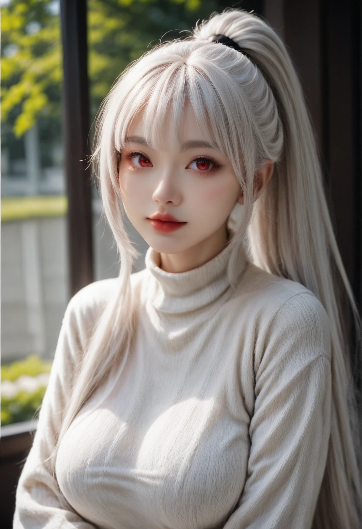score_9, score_8_up, score_7_up, rating_safe, BREAK, 1girl, solo, very long hair, ponytail, white hair, red eyes, sweater, detailed eyes, photo <lora:style_O8RK_pony_sdxl:0.7>