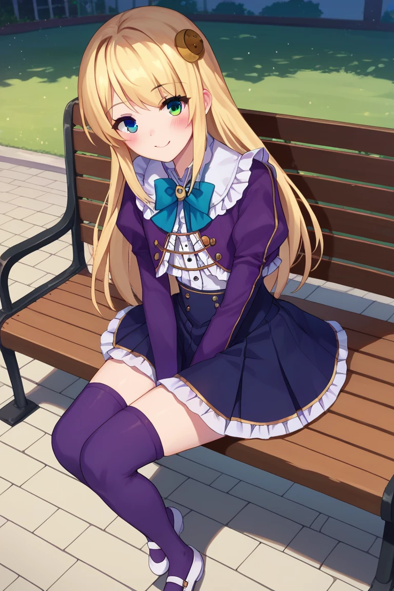 score_9, score_8_up, score_7_up, score_6_up, score_5_up, score_4_up, source_anime, BREAK yumina, 1girl, solo, full body, sitting in a bench, dutch angle, looking at viewer, blonde hair, long hair, hair ornament, bangs, heterochromia, green eyes, blue eyes, smile, blush, frills, shirt, white shirt, blue ribbon, brooch, striped clothes, center frills, buttons, jacket, cropped jacket, purple jacket, puffy sleeves, long sleeves, skirt, high-waist skirt, pleated skirt, purple skirt, purple thighhighs, zettai ryouiki, shoes, white footwear, mary janes, outdoors,
<lora:Yumina_PonyXL_v1:0.8>