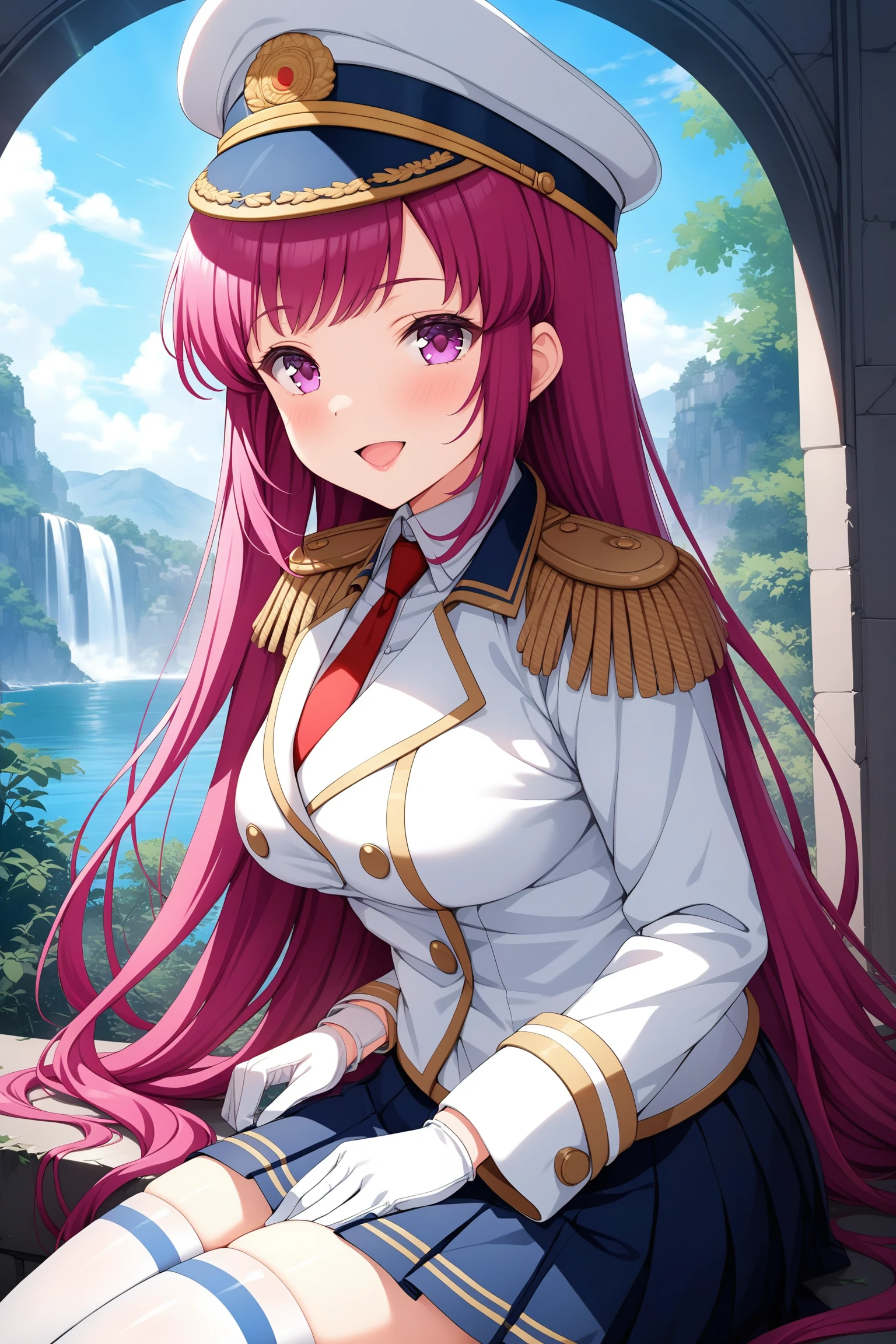 (masterpiece, best quality, very aesthetic, ultra detailed), intricate details, highly detailed background, perfect lightingbest quality, asamikei, solo, outdoors, nature, military, military hat, white headwear, pink hair, very long hair, sidelocks, purple eyes, medium breasts, epaulettes, white jacket, white shirt, red necktie, white gloves, blue skirt, pleated skirt, miniskirt, white thighhighs, military uniform, smile, open mouth, >:d, pink lips, <lora:Asami-Kei:0.7>