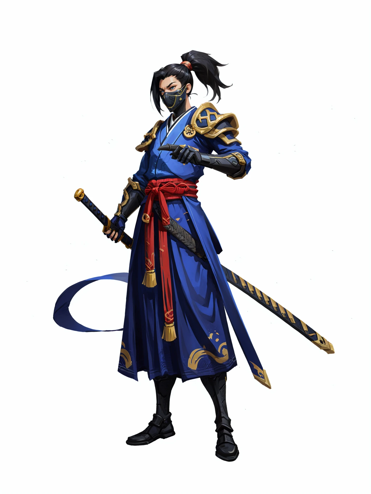 HEZI,Valenlott style,European and American cartoon character design,cutting,dividing,angular,features,solo, long hair, blue eyes, skirt, simple background, black hair, hair ornament, 1boy, white background, holding, ponytail, weapon, male focus, sword, armor, mask, katana, sheath, japanese armor,<lora:æ¬§ç¾å¡éäººç©è®¾è®¡V2çæ¬-000012:0.7>,